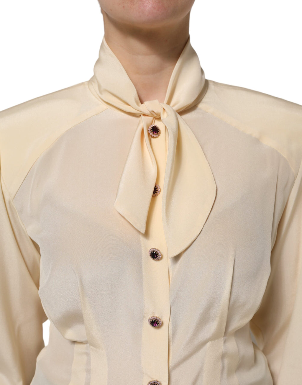 Dolce & Gabbana Light Yellow Silk Ascot Collared Blouse Top