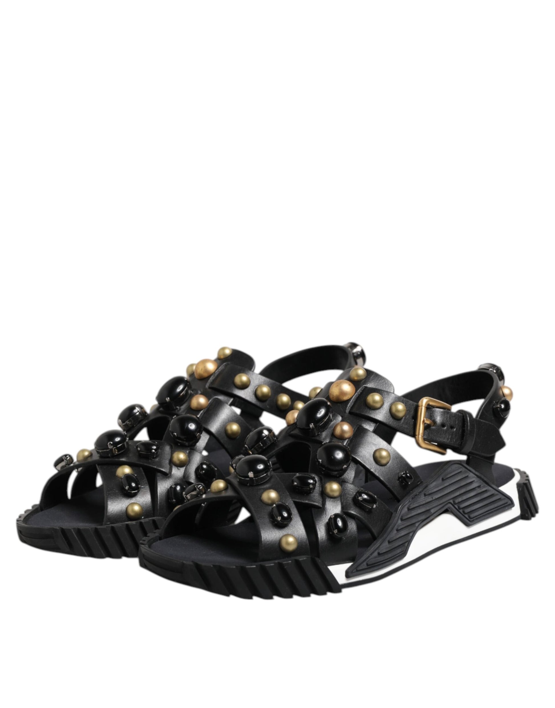 Dolce & Gabbana Black Leather Studded Ankle Strap Sandals Shoes