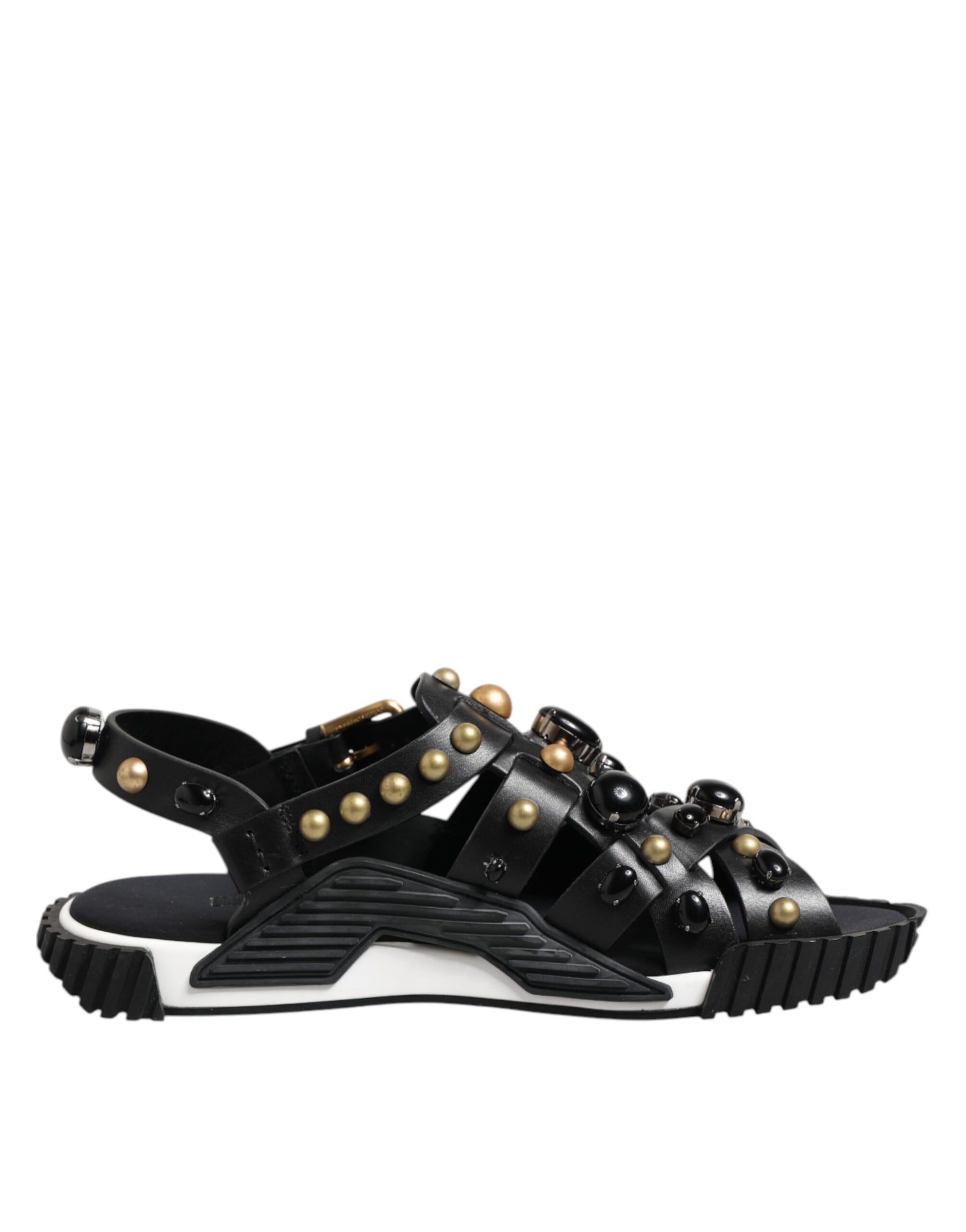 Dolce & Gabbana Black Leather Studded Ankle Strap Sandals Shoes
