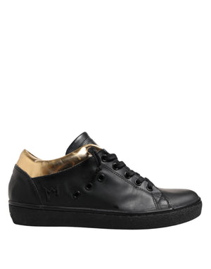 Leather Crown Black Gold Lace Up Low Top Women Sneakers Shoes