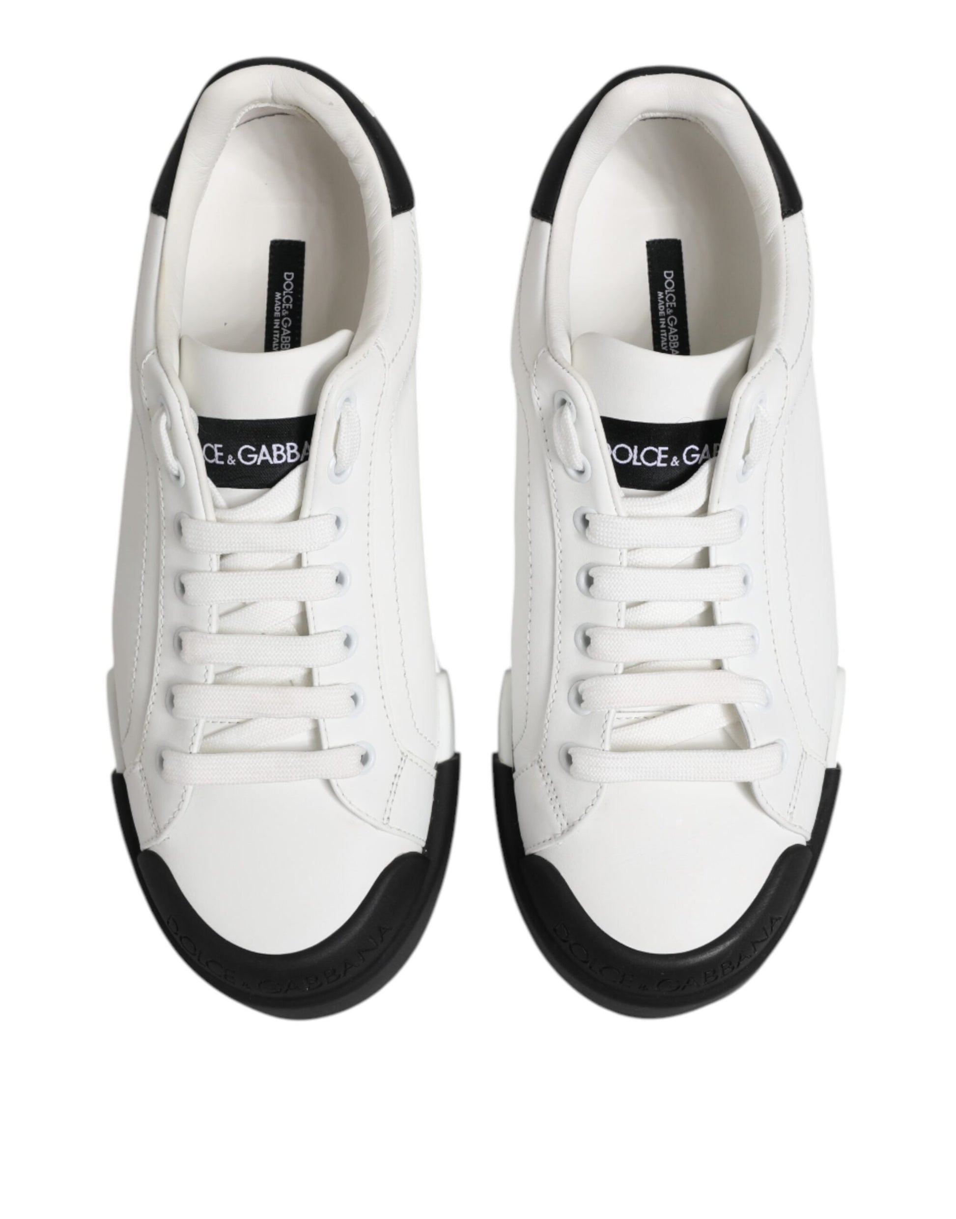 Dolce & Gabbana White Black Logo Leather Lace Up Sneakers Shoes