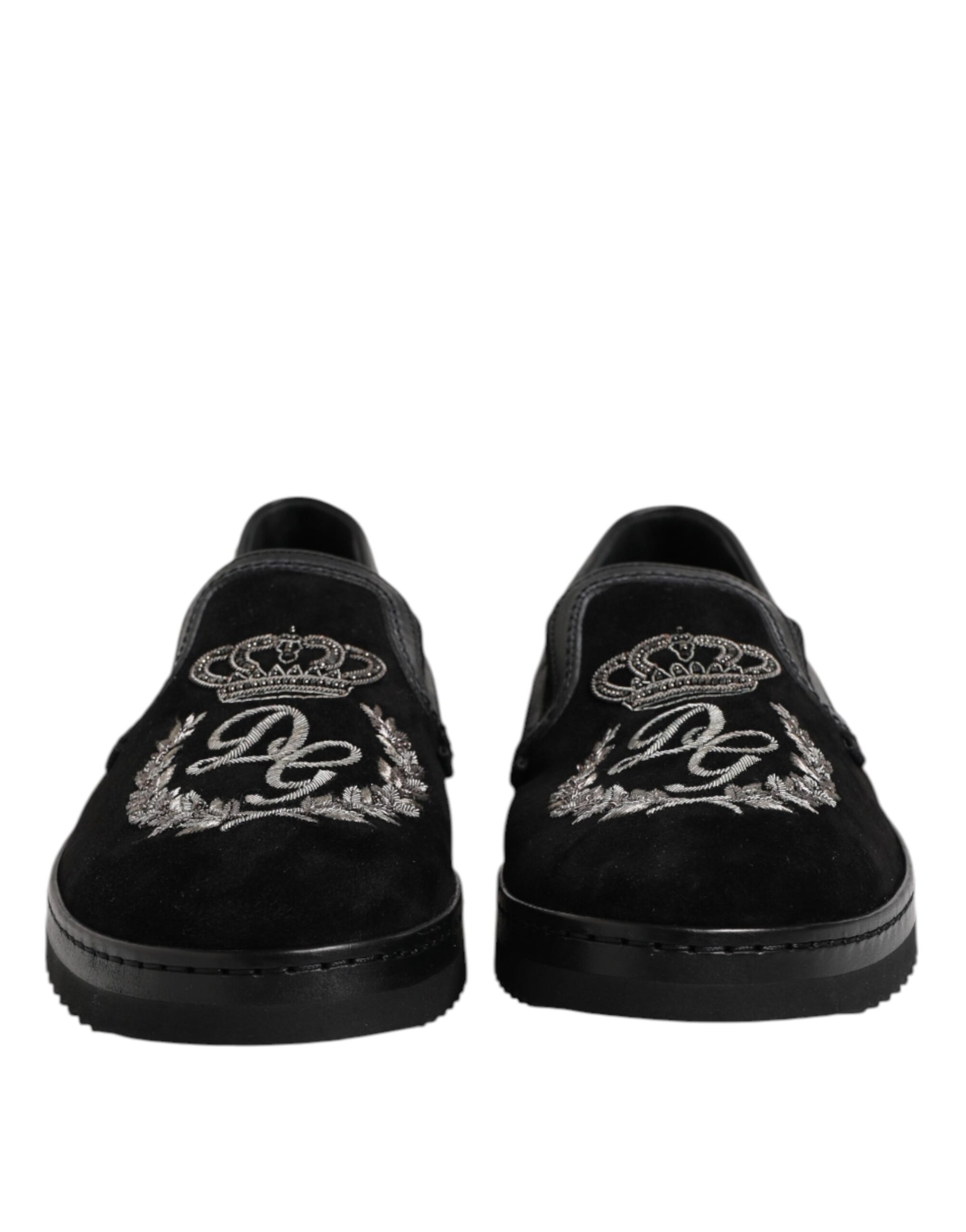 Schwarze Loafer mit Kronenstickerei