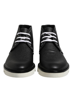 Dolce & Gabbana Black White Leather Ankle Boots Shoes