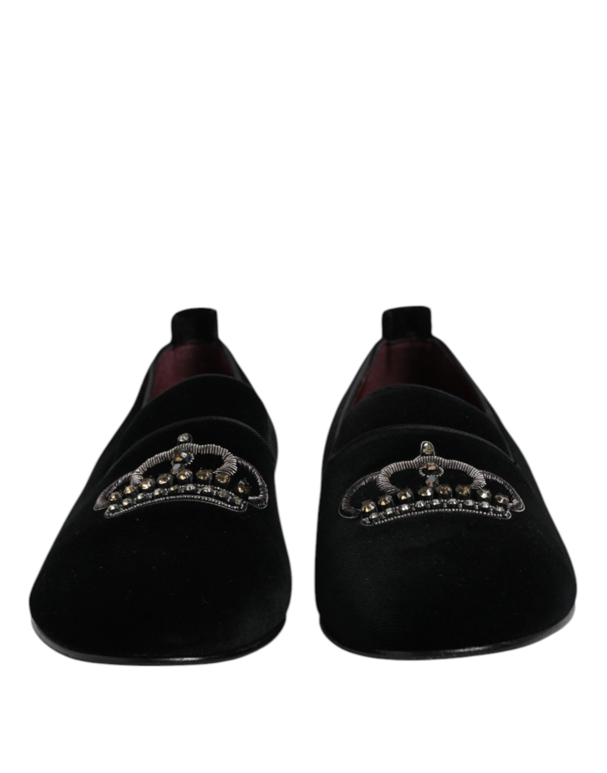 Schwarze Loafer aus Samt mit Kristallkrone