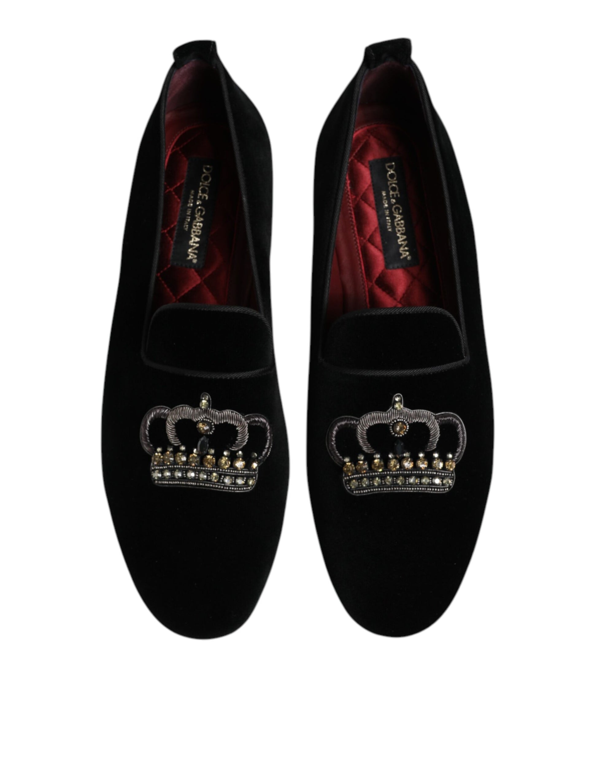Schwarze Loafer aus Samt mit Kristallkrone