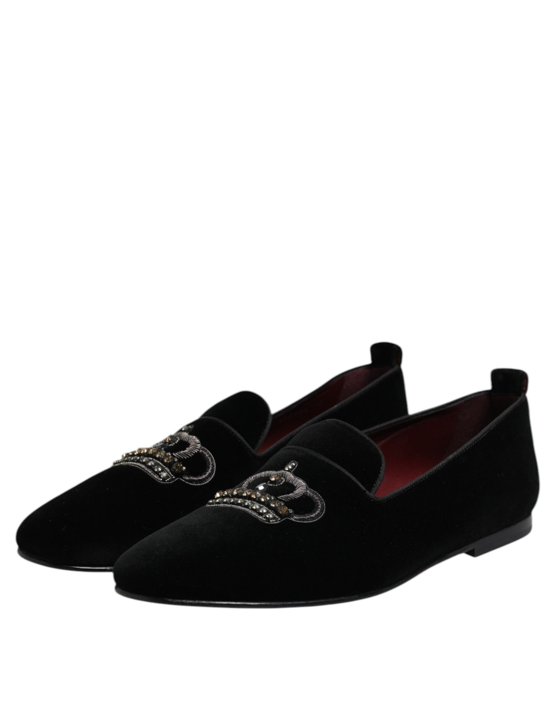 Schwarze Loafer aus Samt mit Kristallkrone
