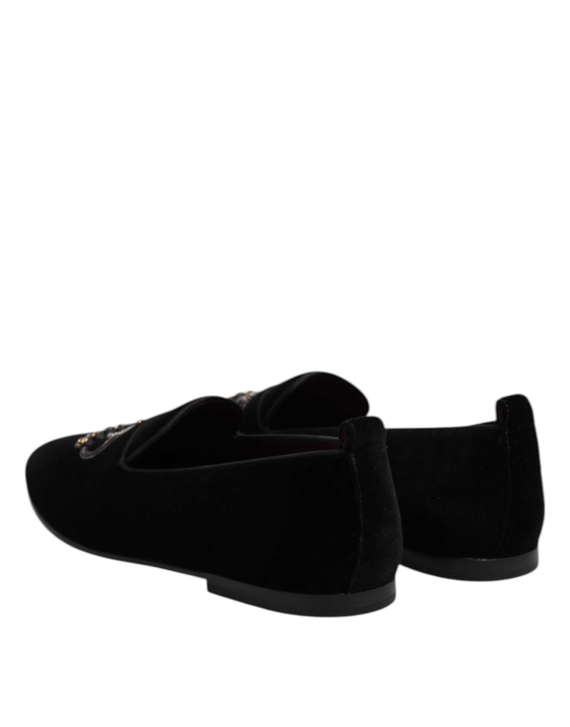 Schwarze Loafer aus Samt mit Kristallkrone