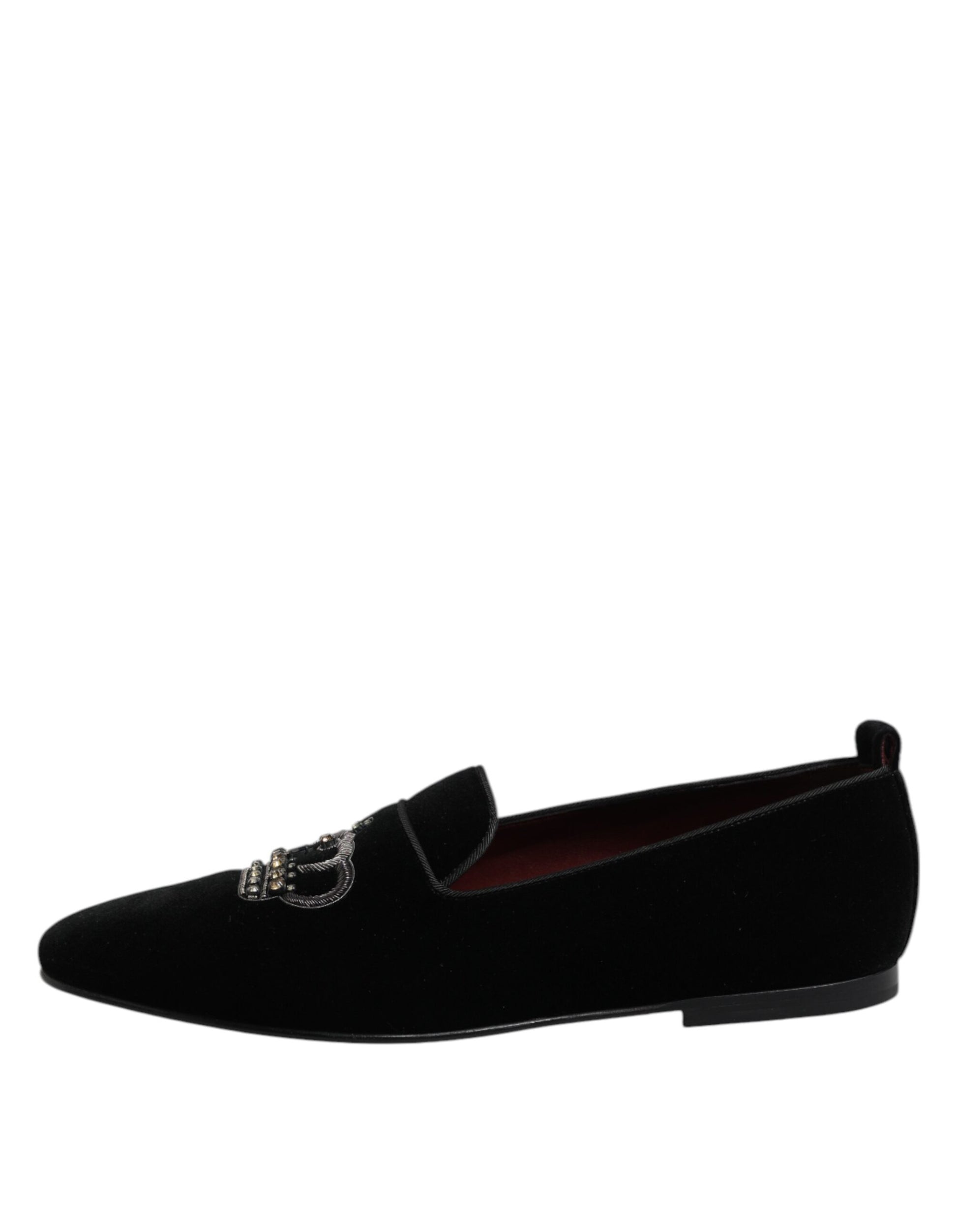 Schwarze Loafer aus Samt mit Kristallkrone