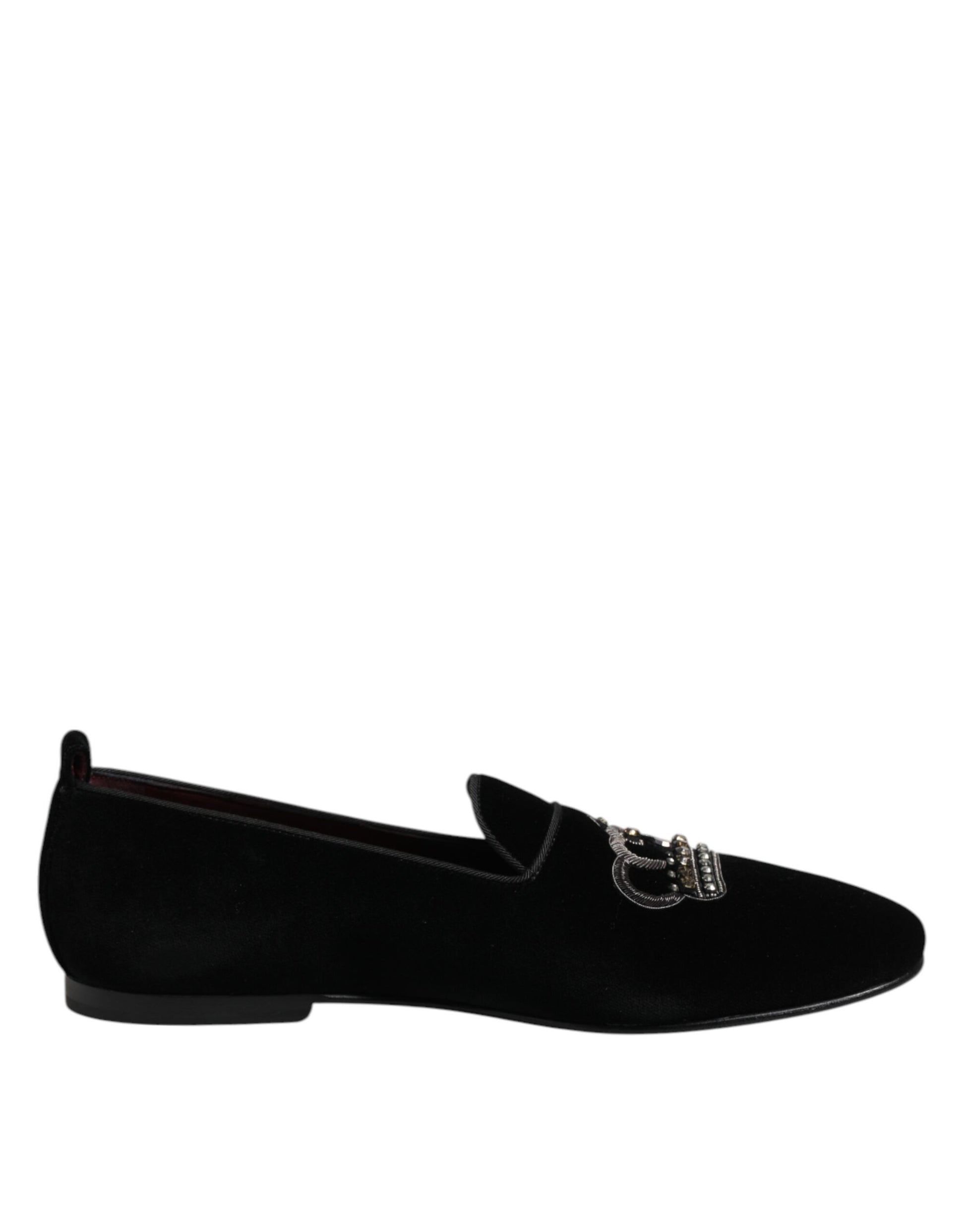Schwarze Loafer aus Samt mit Kristallkrone