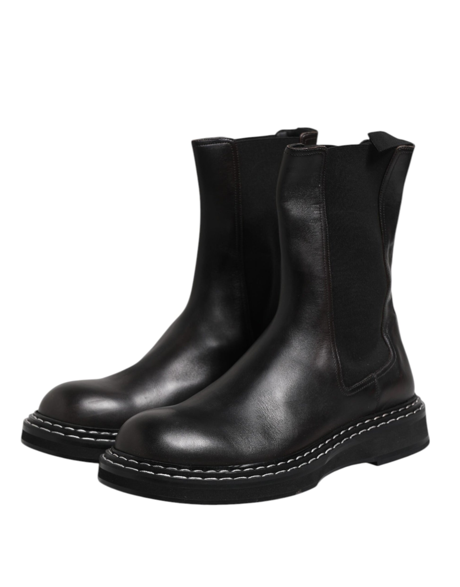 Dolce & Gabbana Black Leather Mid Calf Boots Flats Shoes