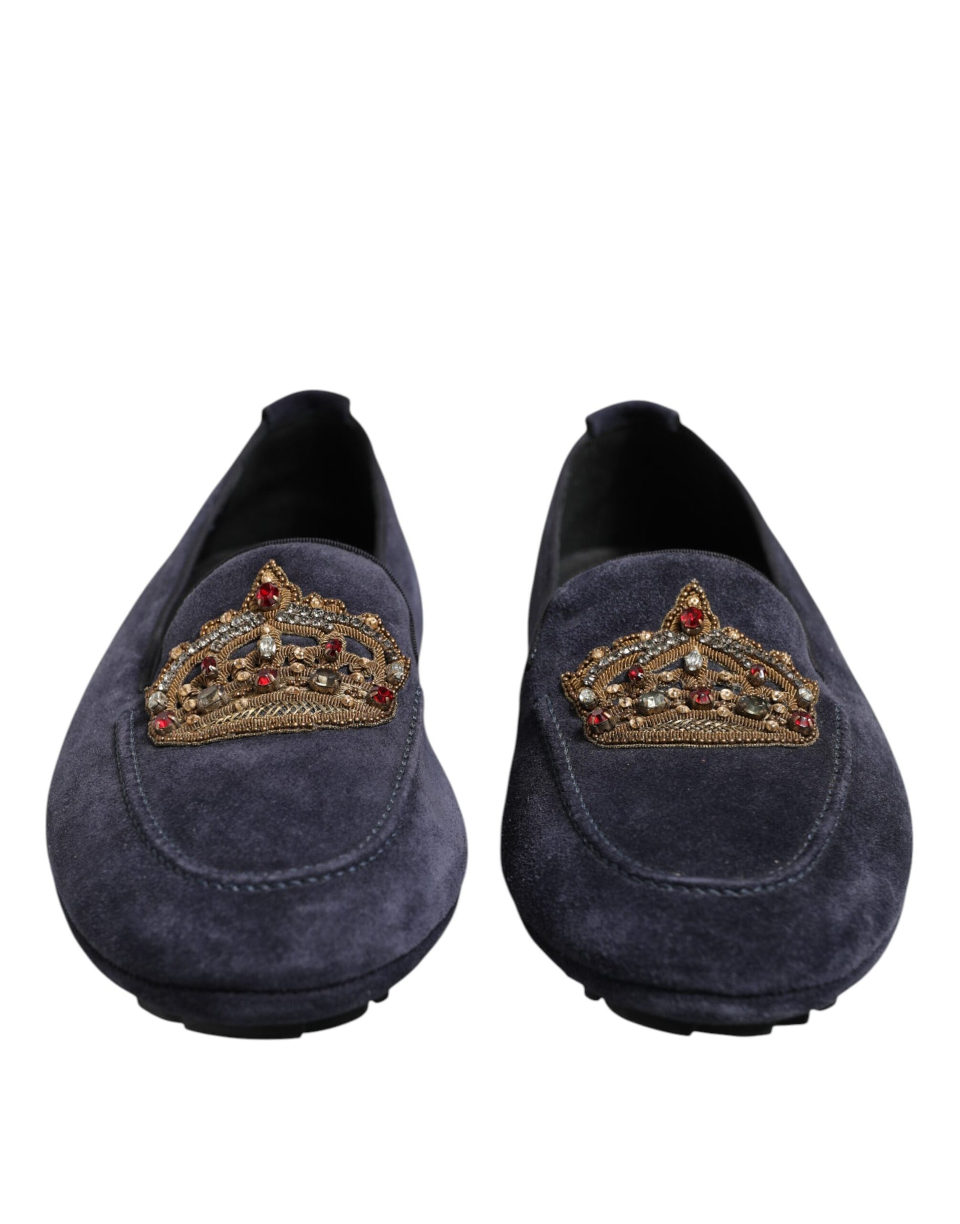 Blaue Loafer aus Wildleder mit Krone und Kristallen
