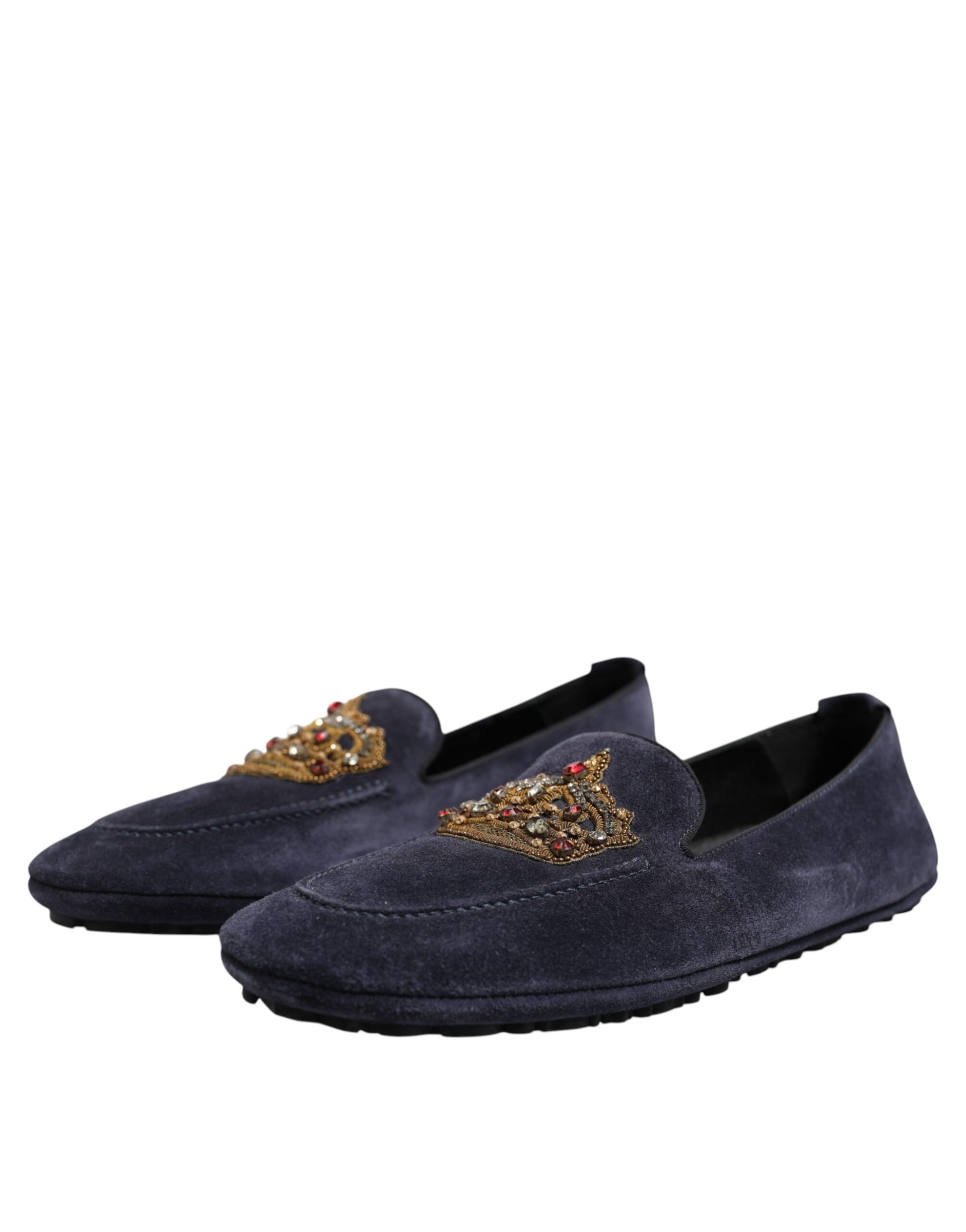 Blaue Loafer aus Wildleder mit Krone und Kristallen