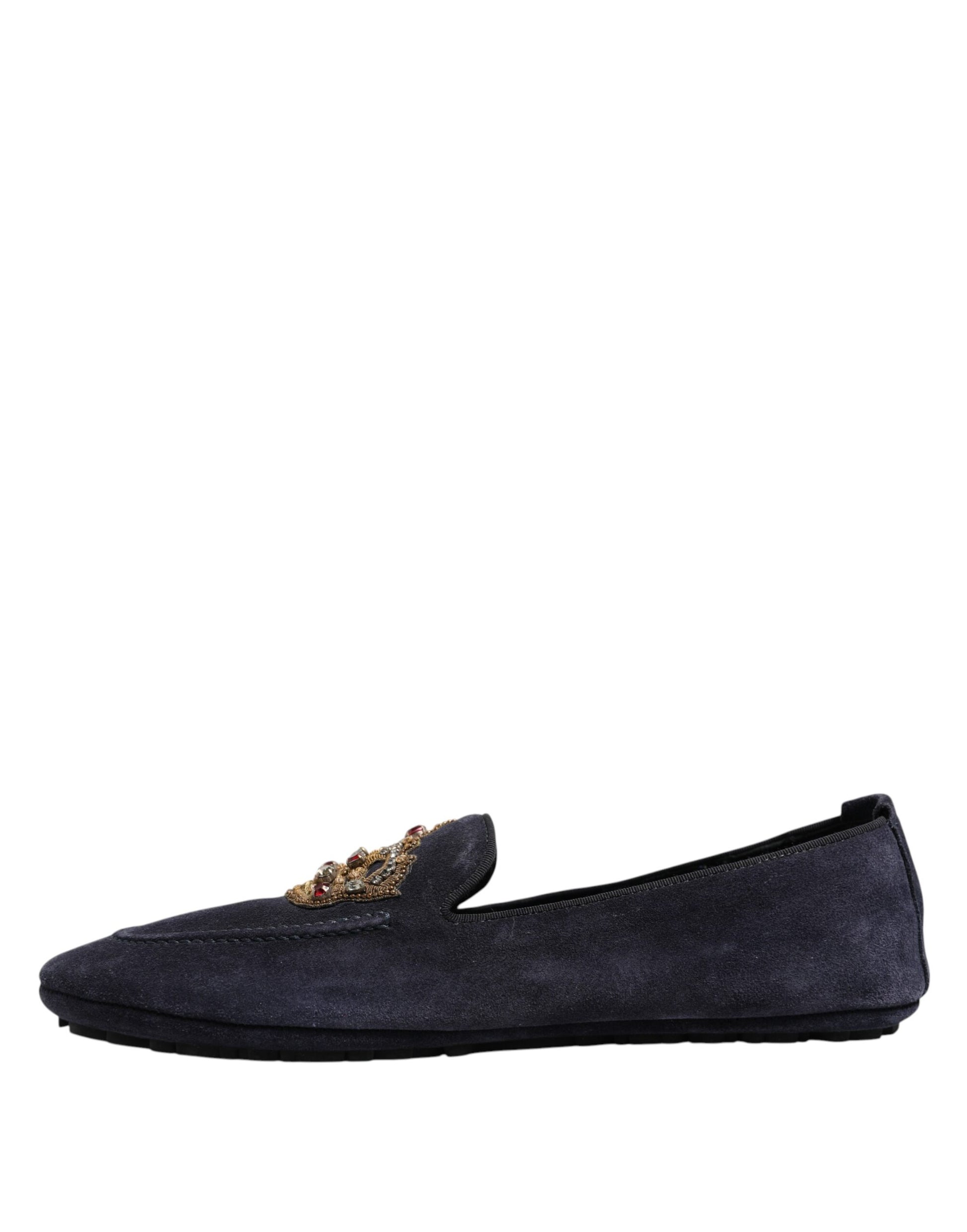 Blaue Loafer aus Wildleder mit Krone und Kristallen