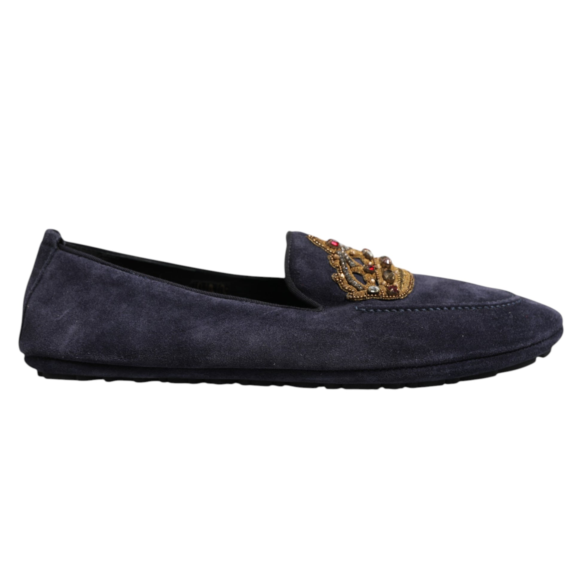 Blaue Loafer aus Wildleder mit Krone und Kristallen