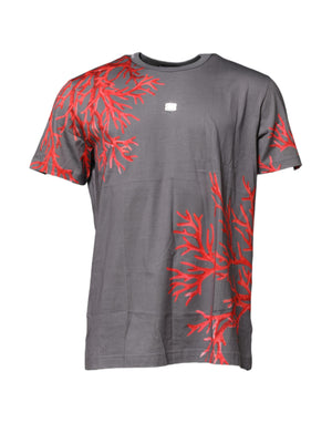 Graues Baumwoll-T-Shirt mit Logo-Plakette und Korallenprint