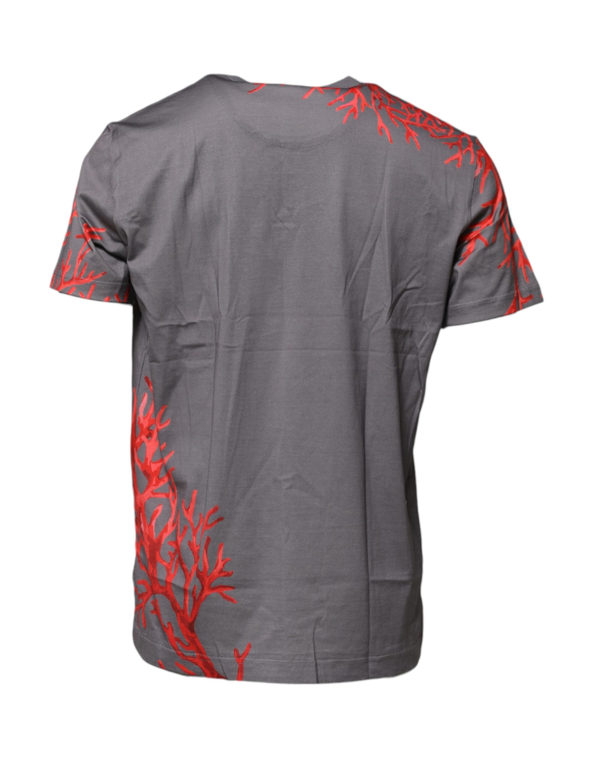 Graues Baumwoll-T-Shirt mit Logo-Plakette und Korallenprint