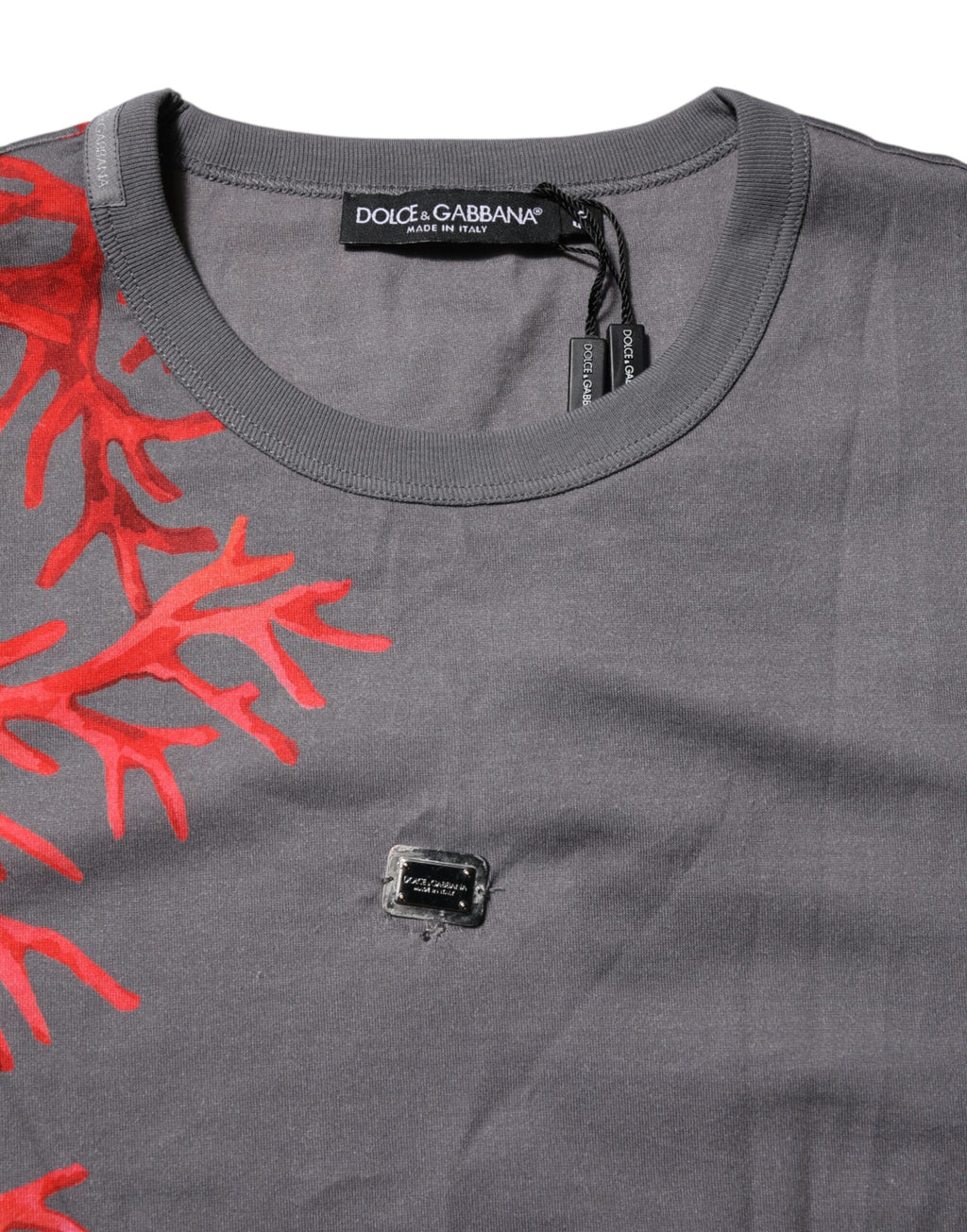 Graues Baumwoll-T-Shirt mit Logo-Plakette und Korallenprint