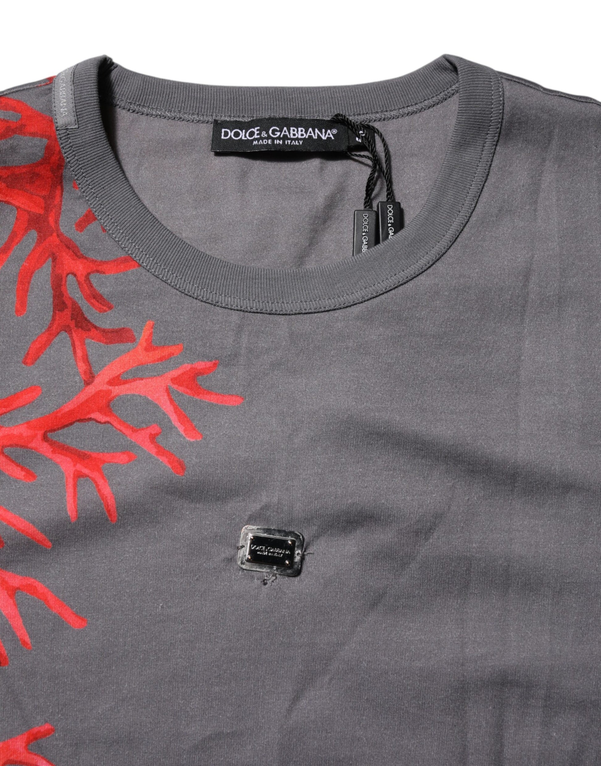 Graues Baumwoll-T-Shirt mit Logo-Plakette und Korallenprint
