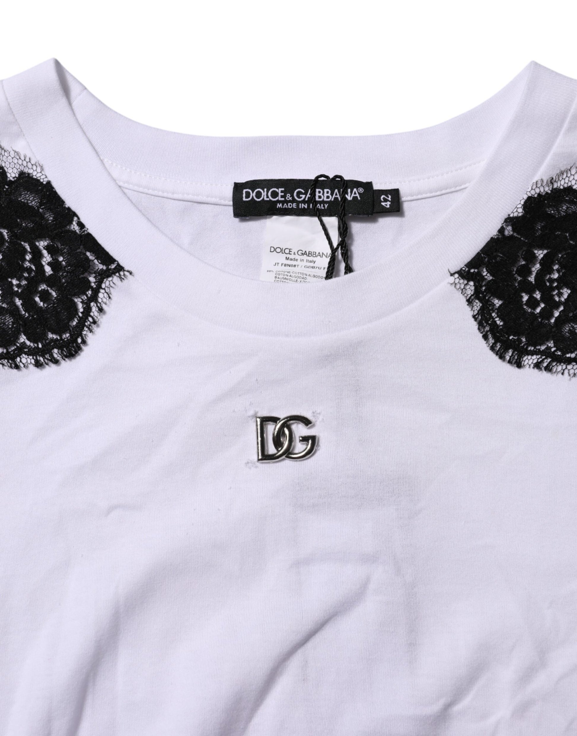 Weißes T-Shirt mit floraler Spitze und DG-Details