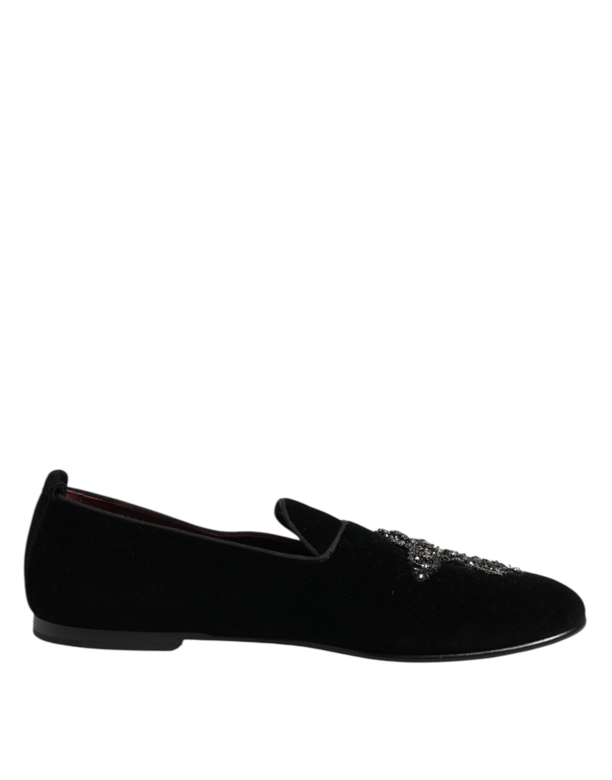 Schwarze Abendschuhe aus Samt mit Kristallkrone