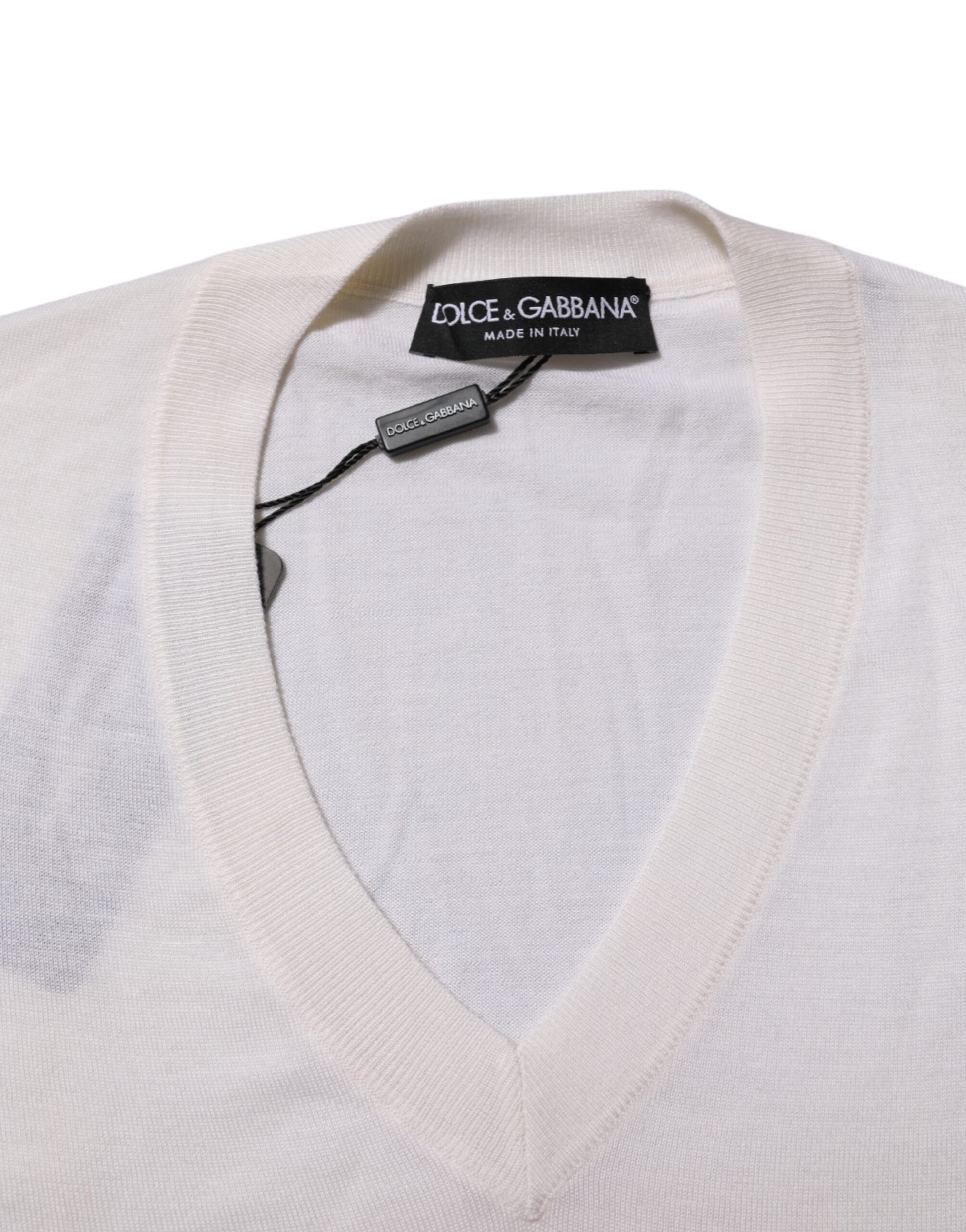 Dolce & Gabbana White Cashmere Logo V-neck Pullover Sweater