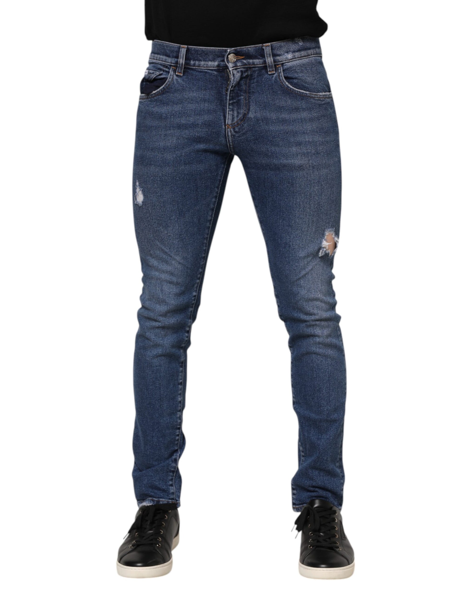 Blau verwaschene Skinny-Jeans aus zerfetztem Baumwolldenim