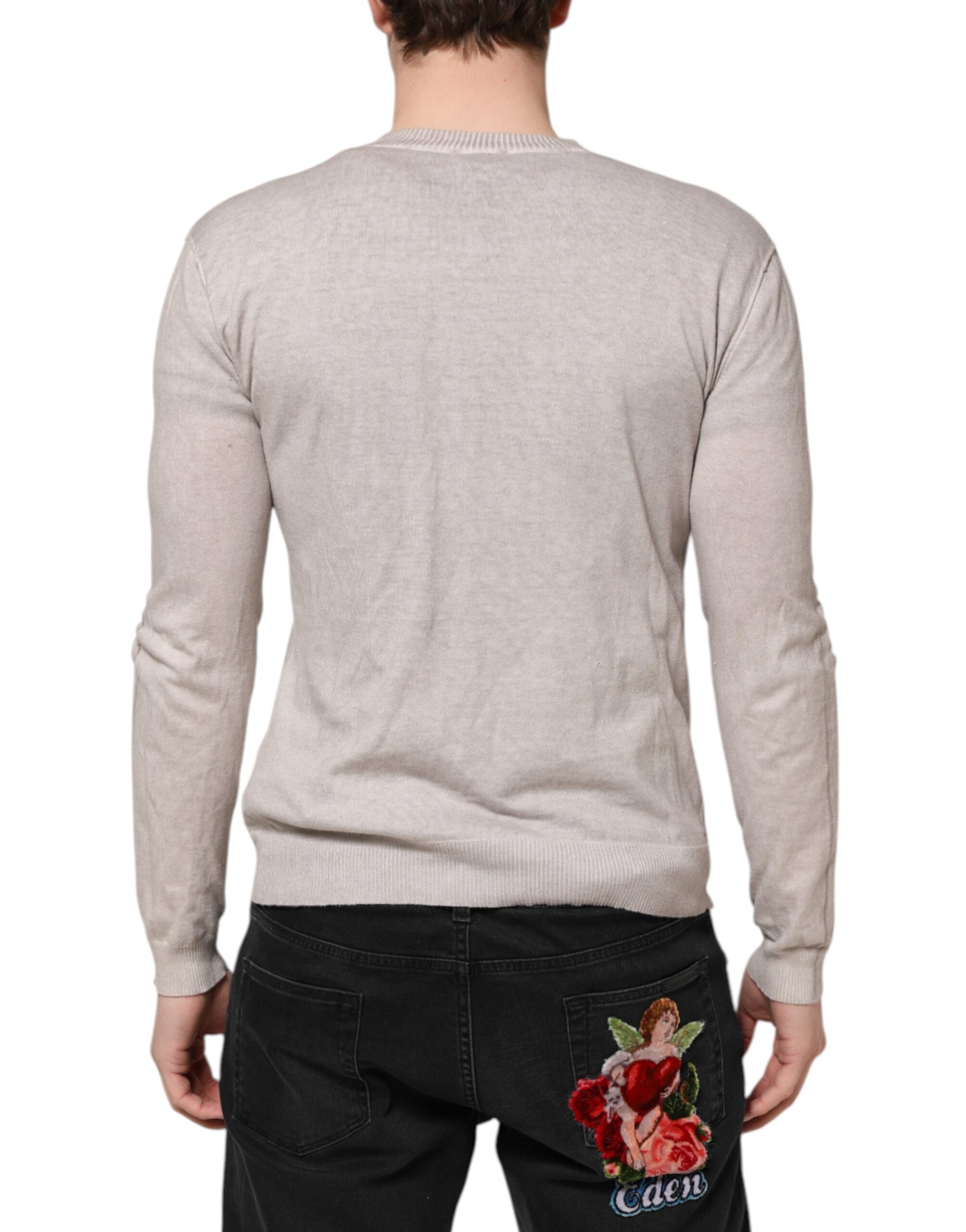 Beigefarbener Herrenpullover mit Rundhalsausschnitt und langen Ärmeln und Logo-Aufdruck
