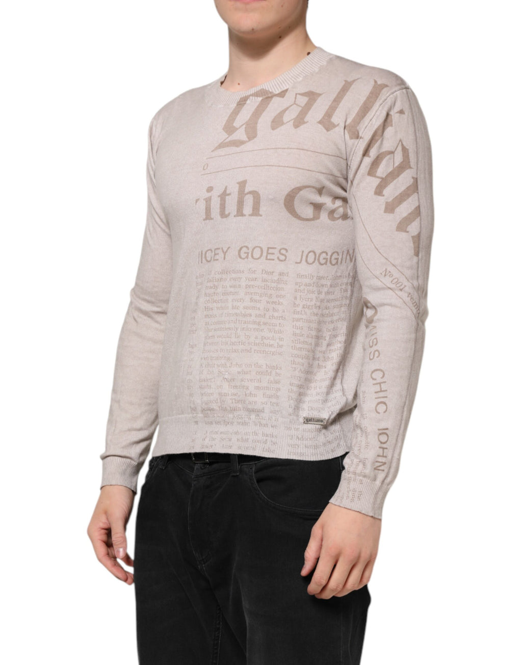 Beigefarbener Herrenpullover mit Rundhalsausschnitt und langen Ärmeln und Logo-Aufdruck