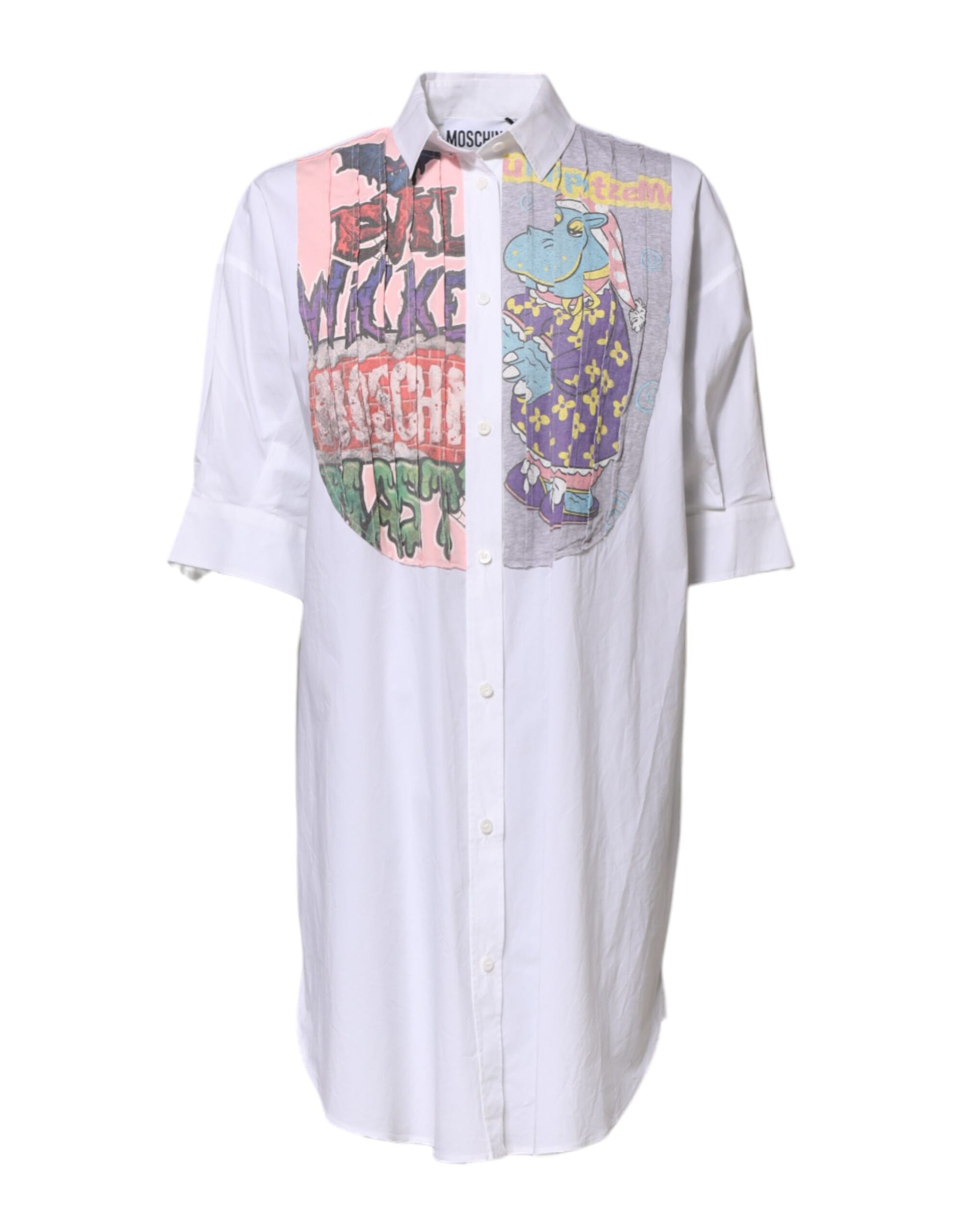 Moschino Couture White Printed Collared Button Mini Shirt Dress