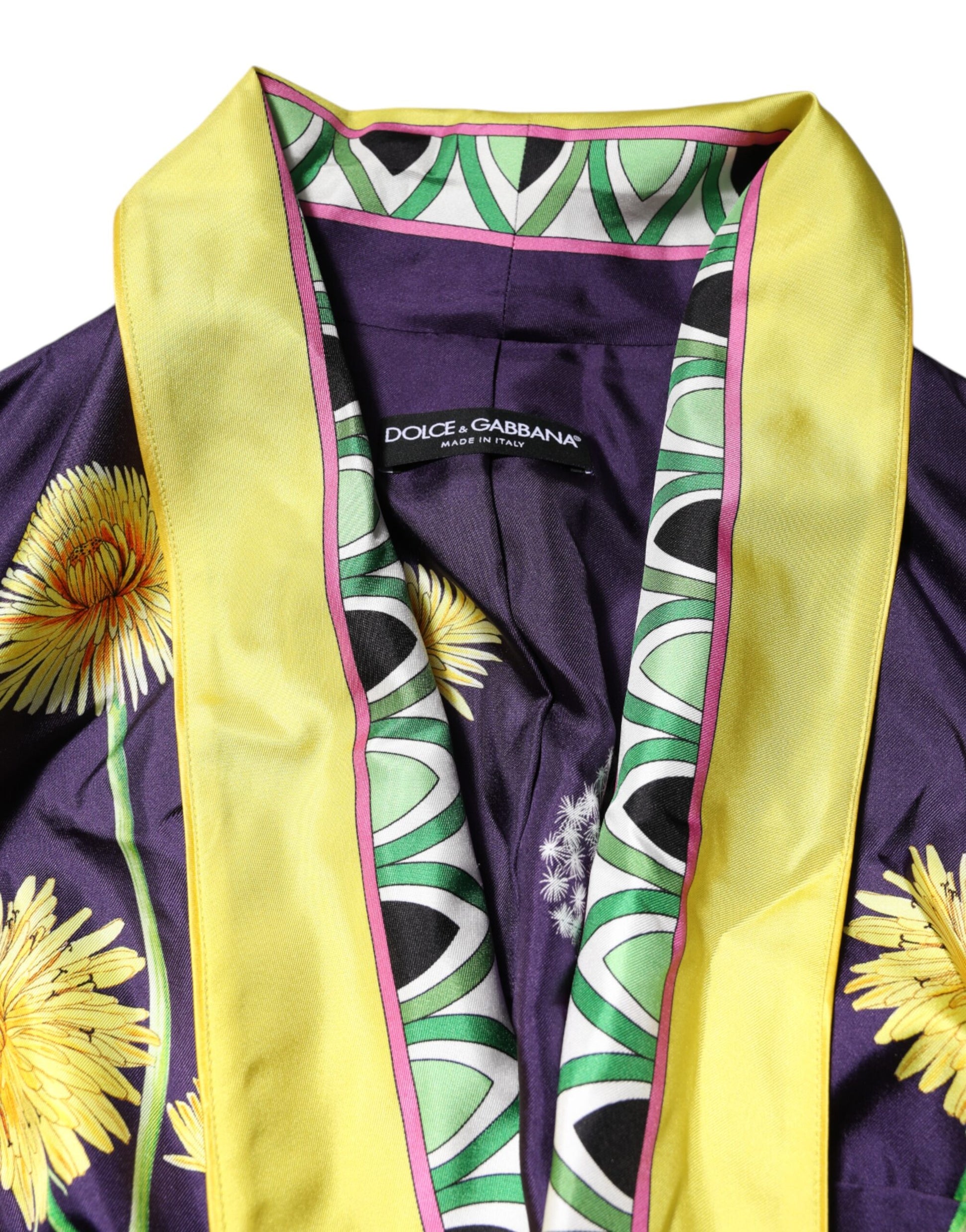 Blauer Wickelmantel aus Seide mit langen Ärmeln und Blumenmuster