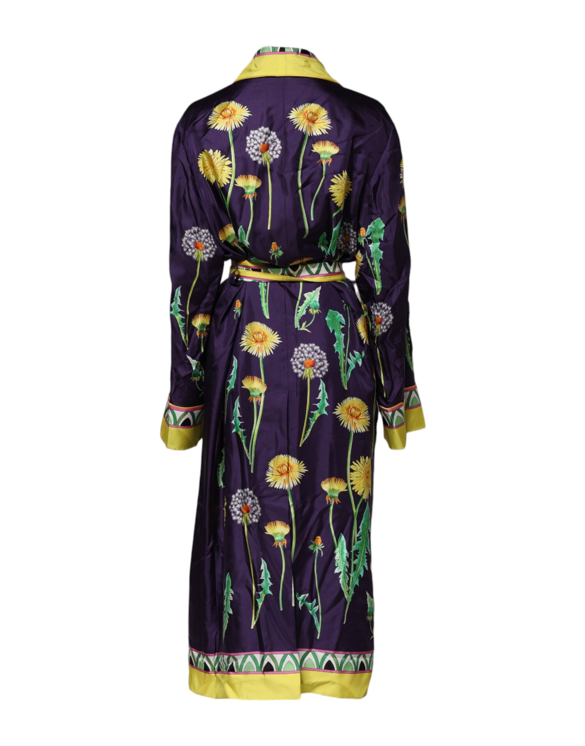 Blauer Wickelmantel aus Seide mit langen Ärmeln und Blumenmuster