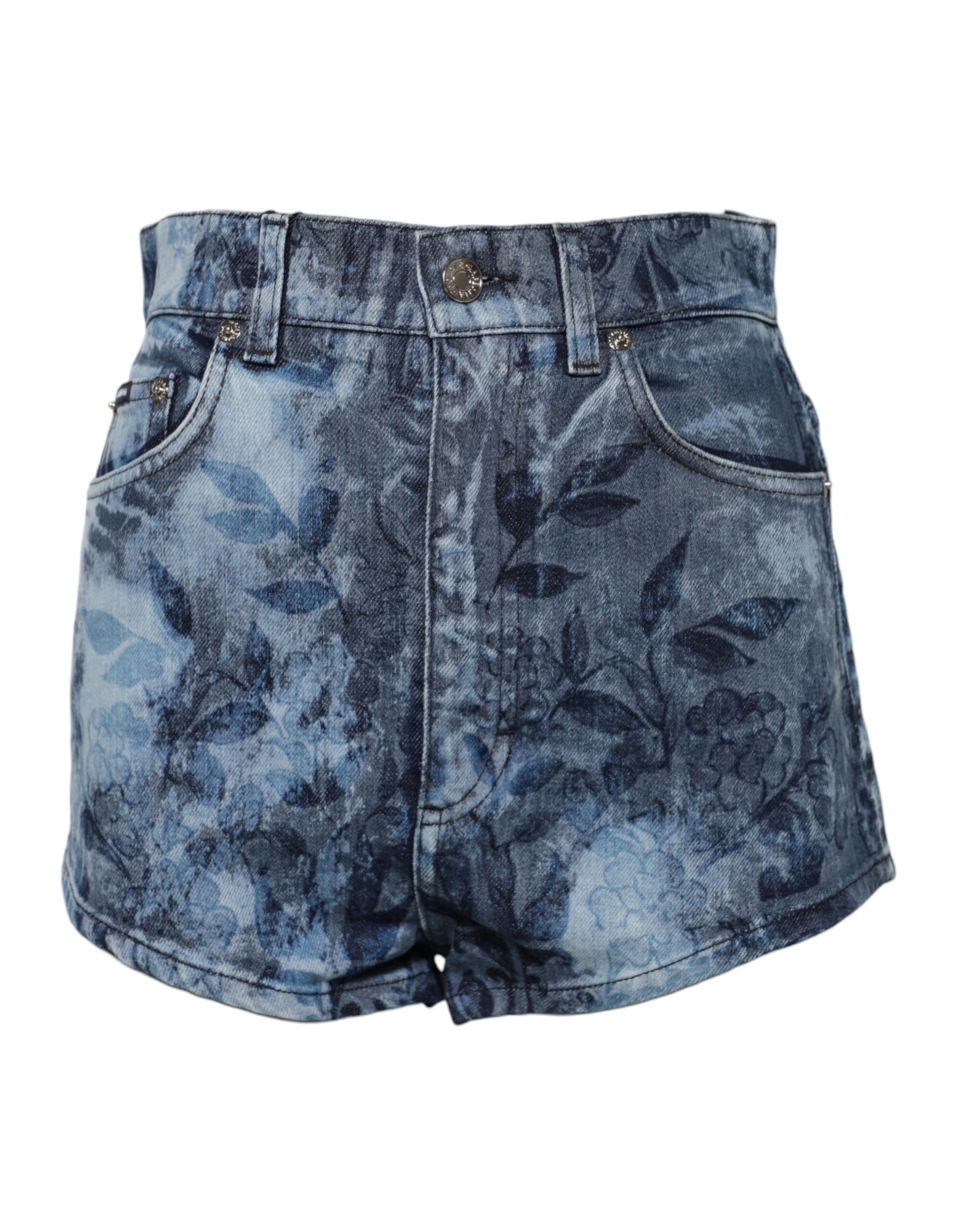 Blaue Hotpants-Shorts aus Denim-Baumwolle mit Blumenmuster