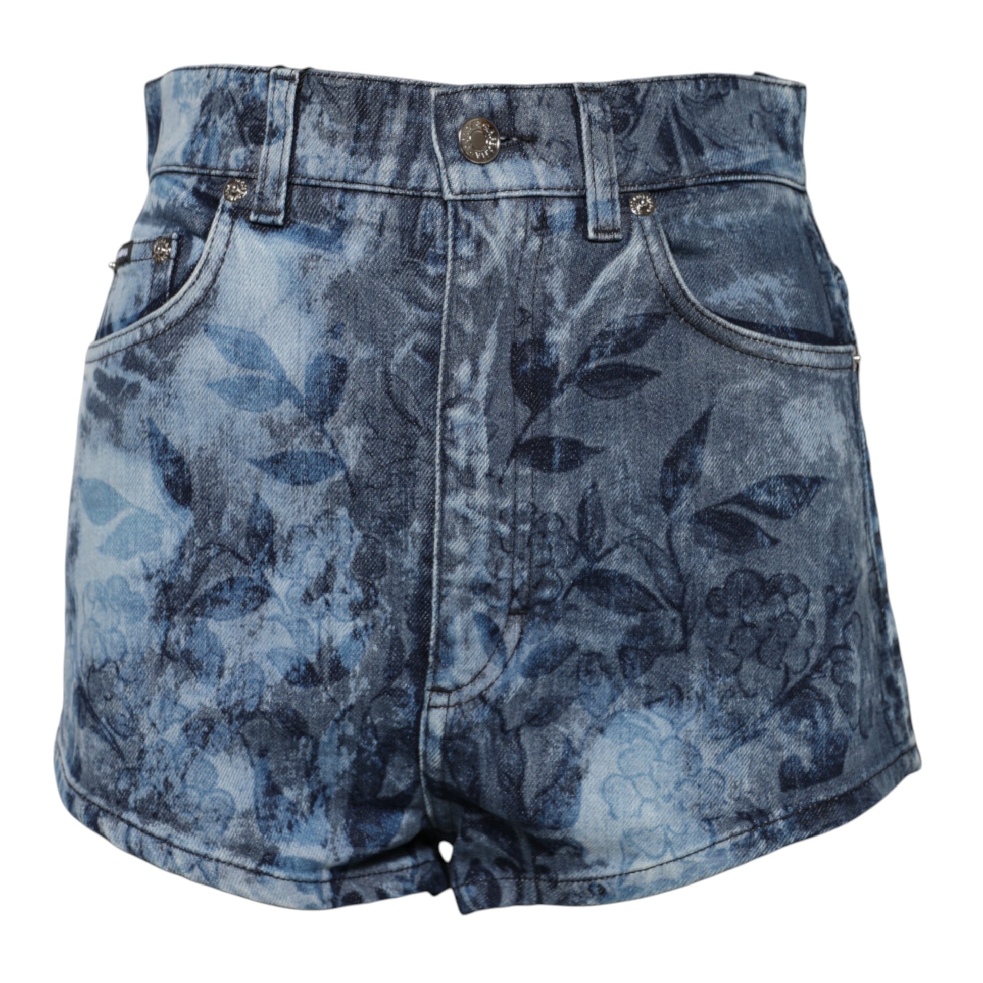 Blaue Hotpants-Shorts aus Denim-Baumwolle mit Blumenmuster