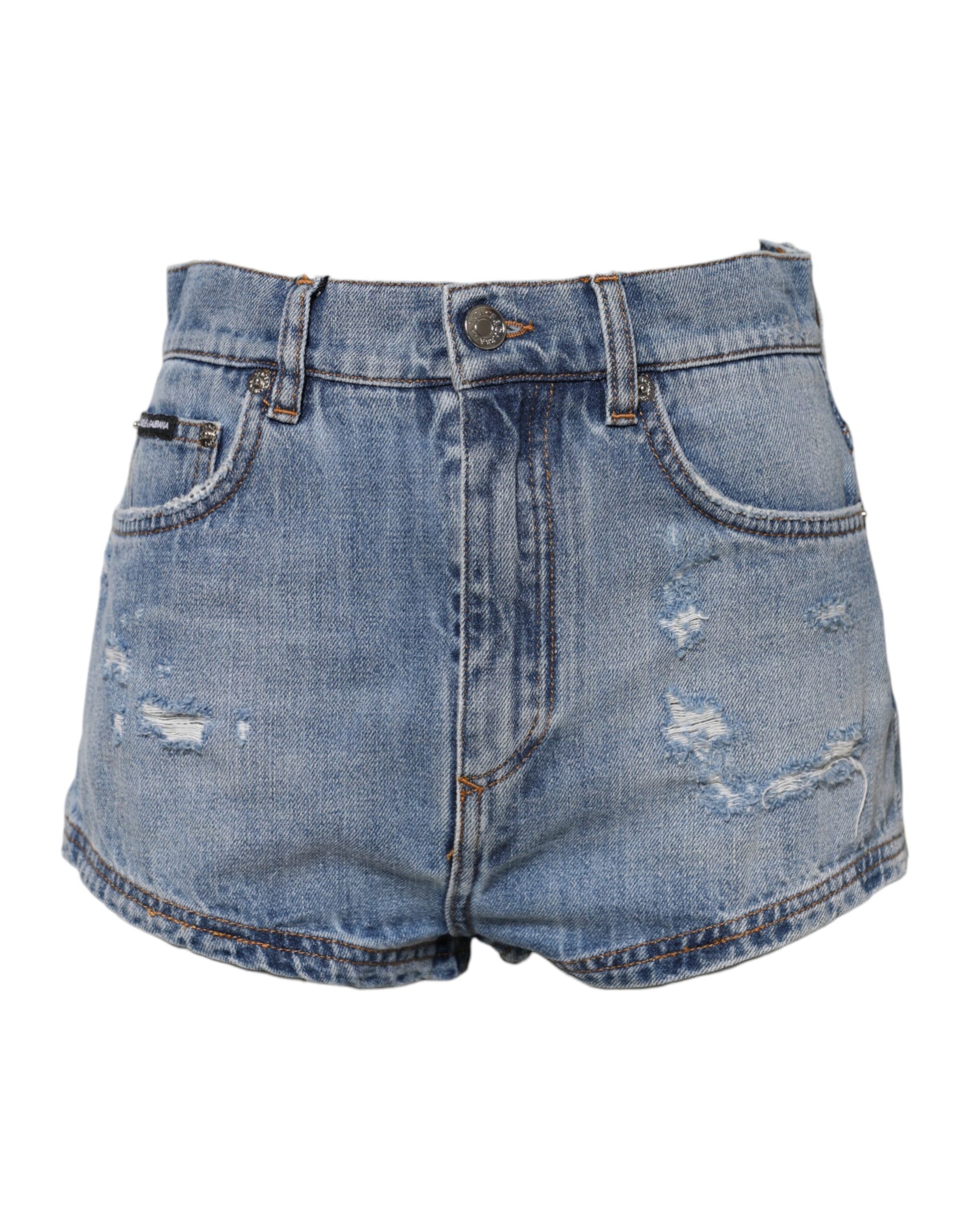 Blaue Hotpants-Shorts aus Denim-Baumwolle mit Logo-Schild