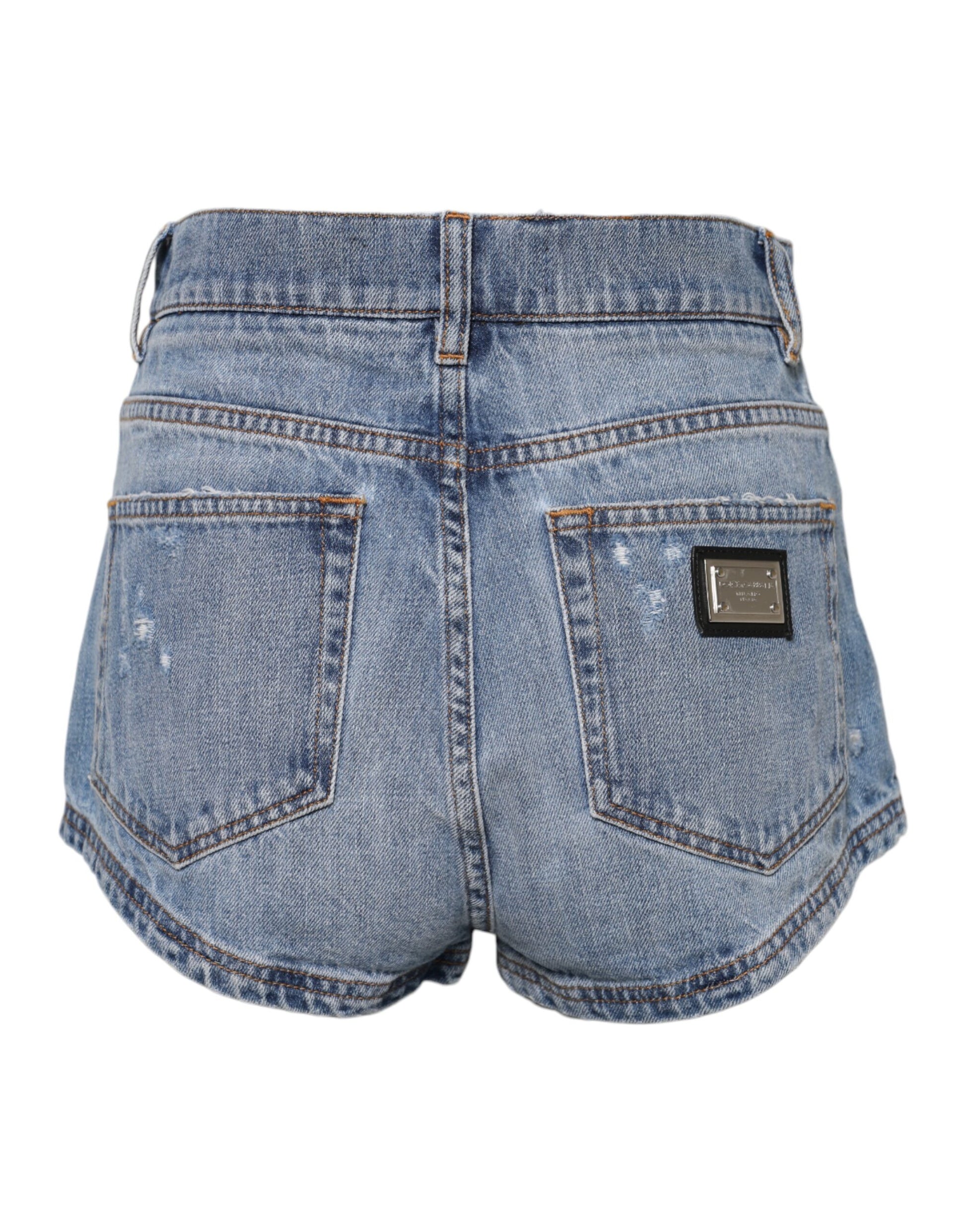 Blaue Hotpants-Shorts aus Denim-Baumwolle mit Logo-Schild