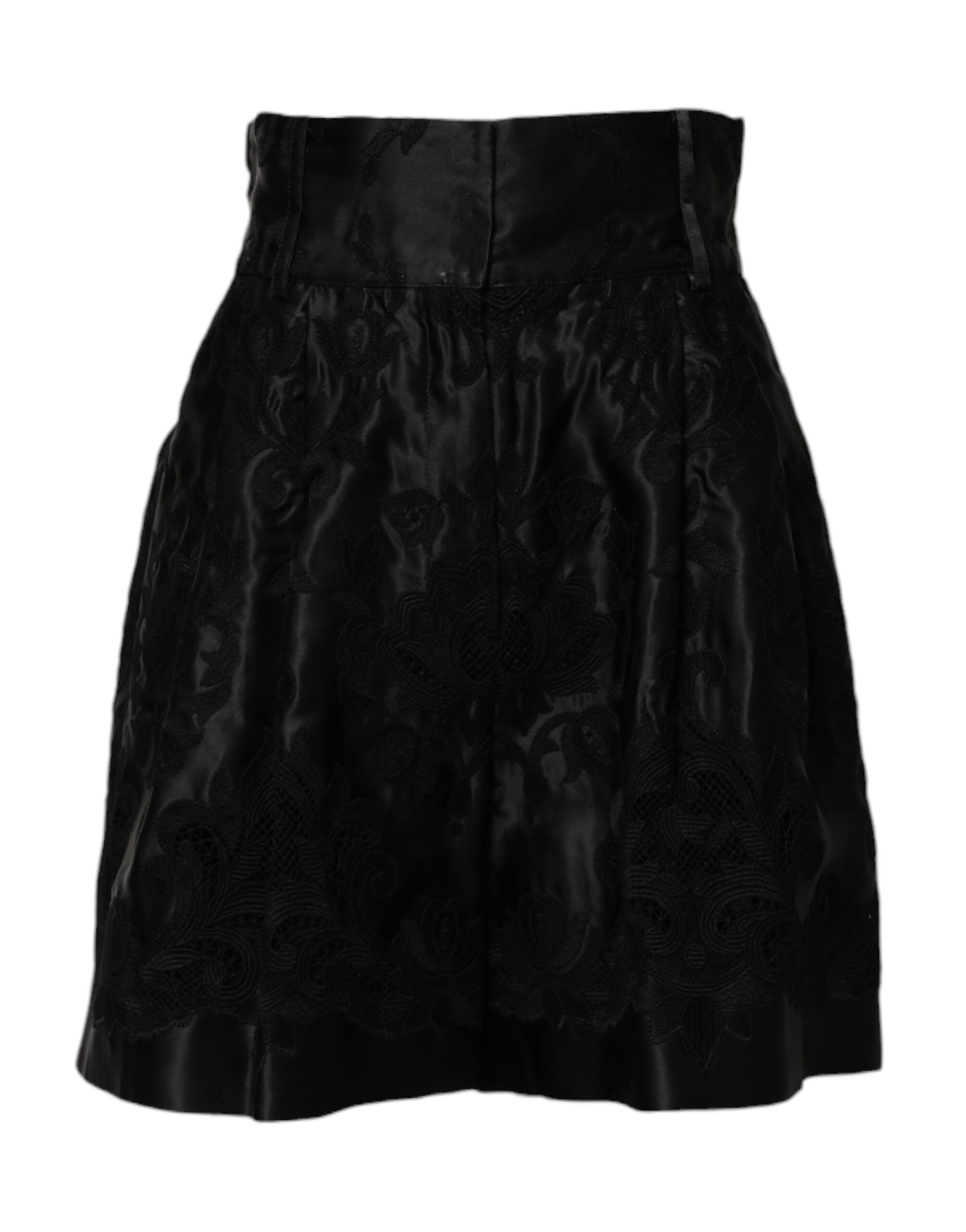 Schwarze Shorts mit hoher Taille aus Seide mit Blumenstickerei