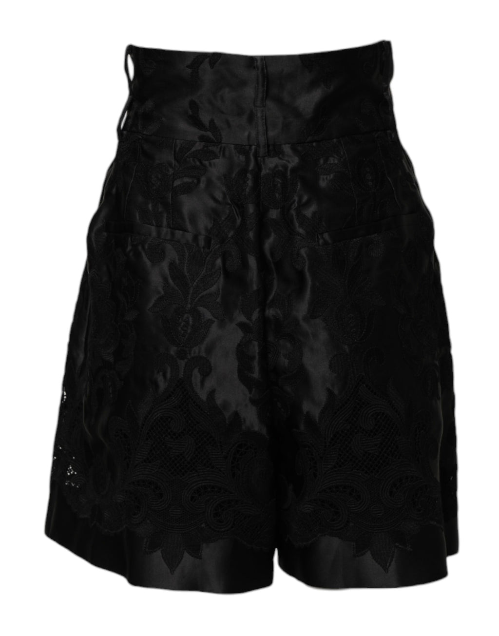 Schwarze Shorts mit hoher Taille aus Seide mit Blumenstickerei