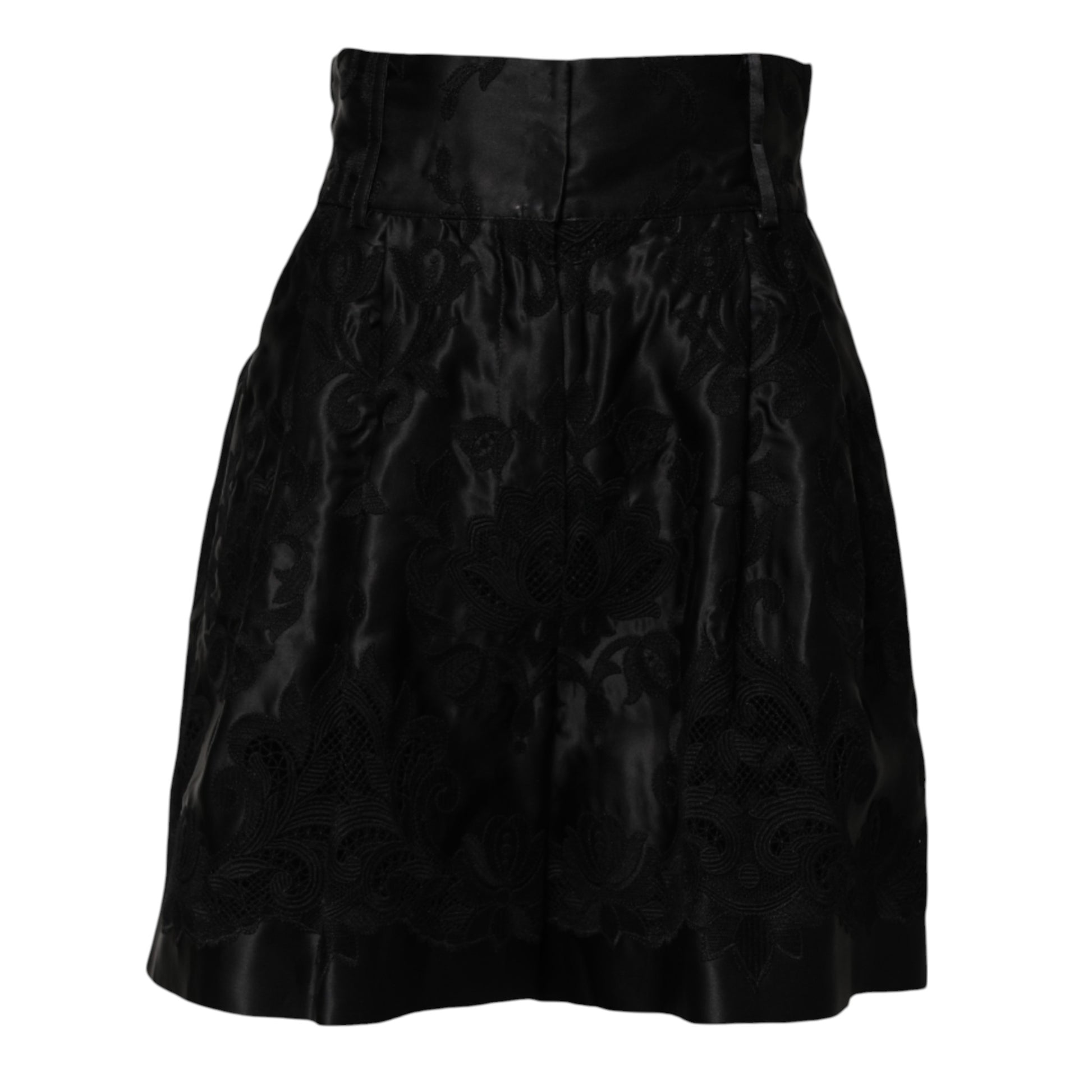Schwarze Shorts mit hoher Taille aus Seide mit Blumenstickerei