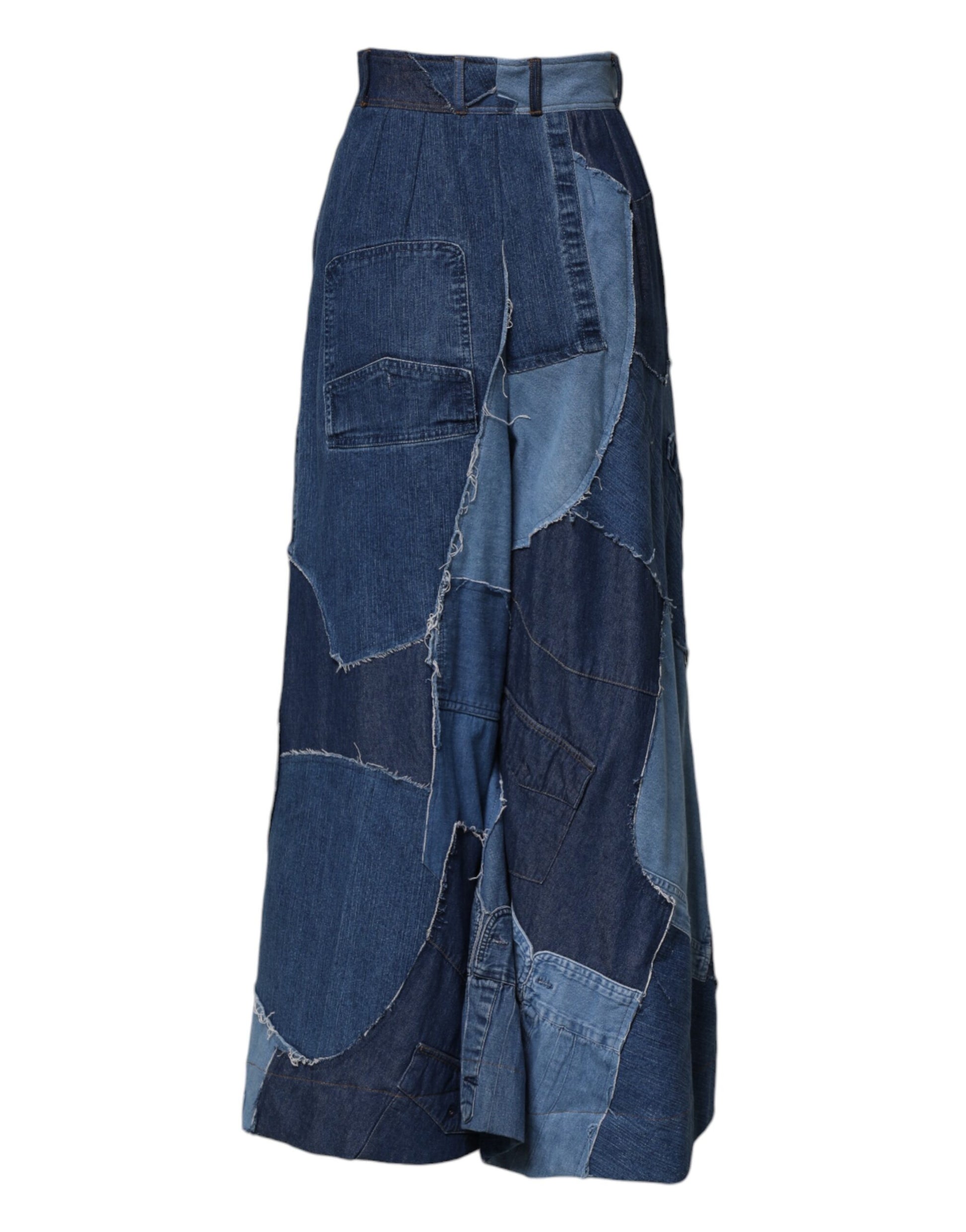 Blauer, langer Maxi-Patchwork-Baumwollrock aus Denim