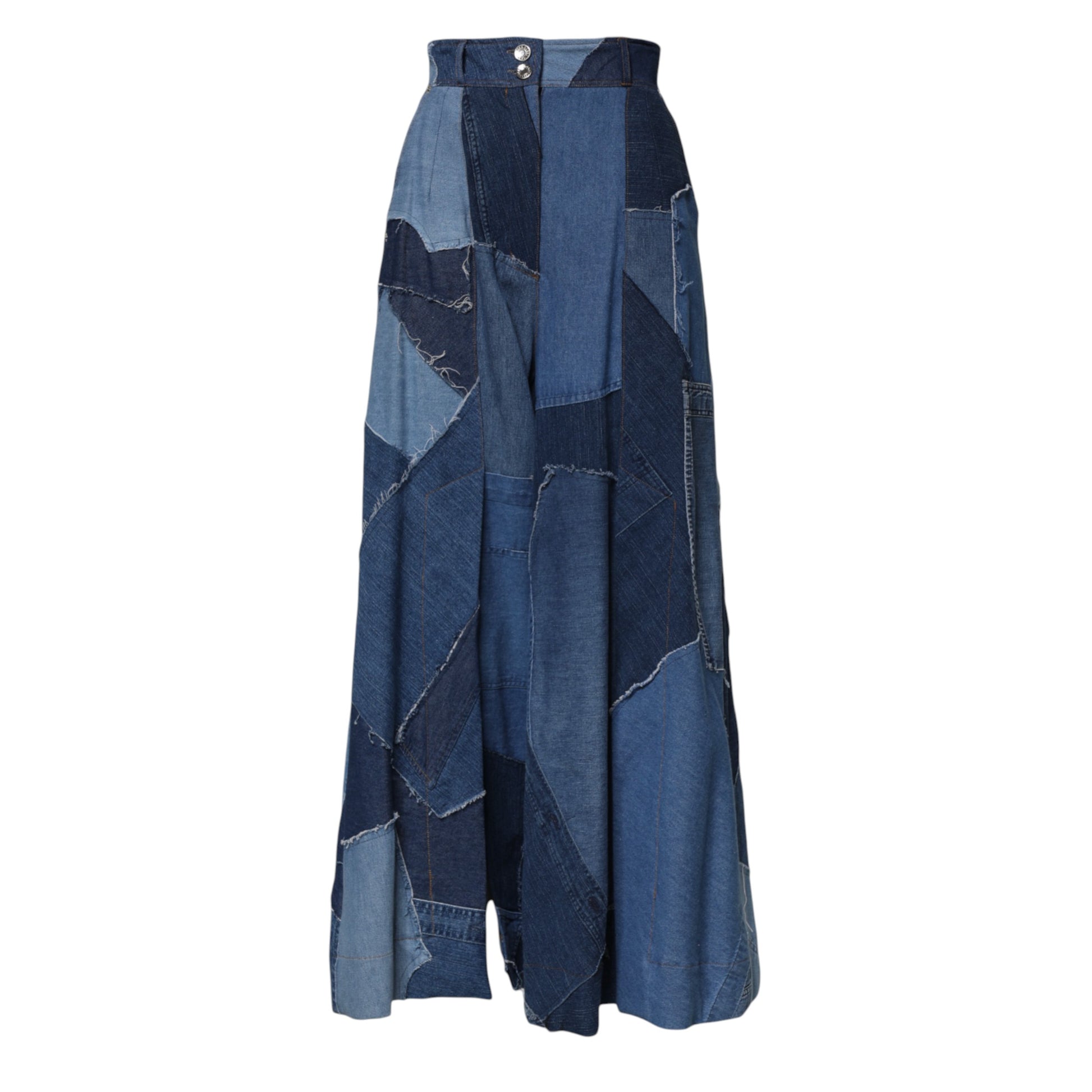 Blauer, langer Maxi-Patchwork-Baumwollrock aus Denim