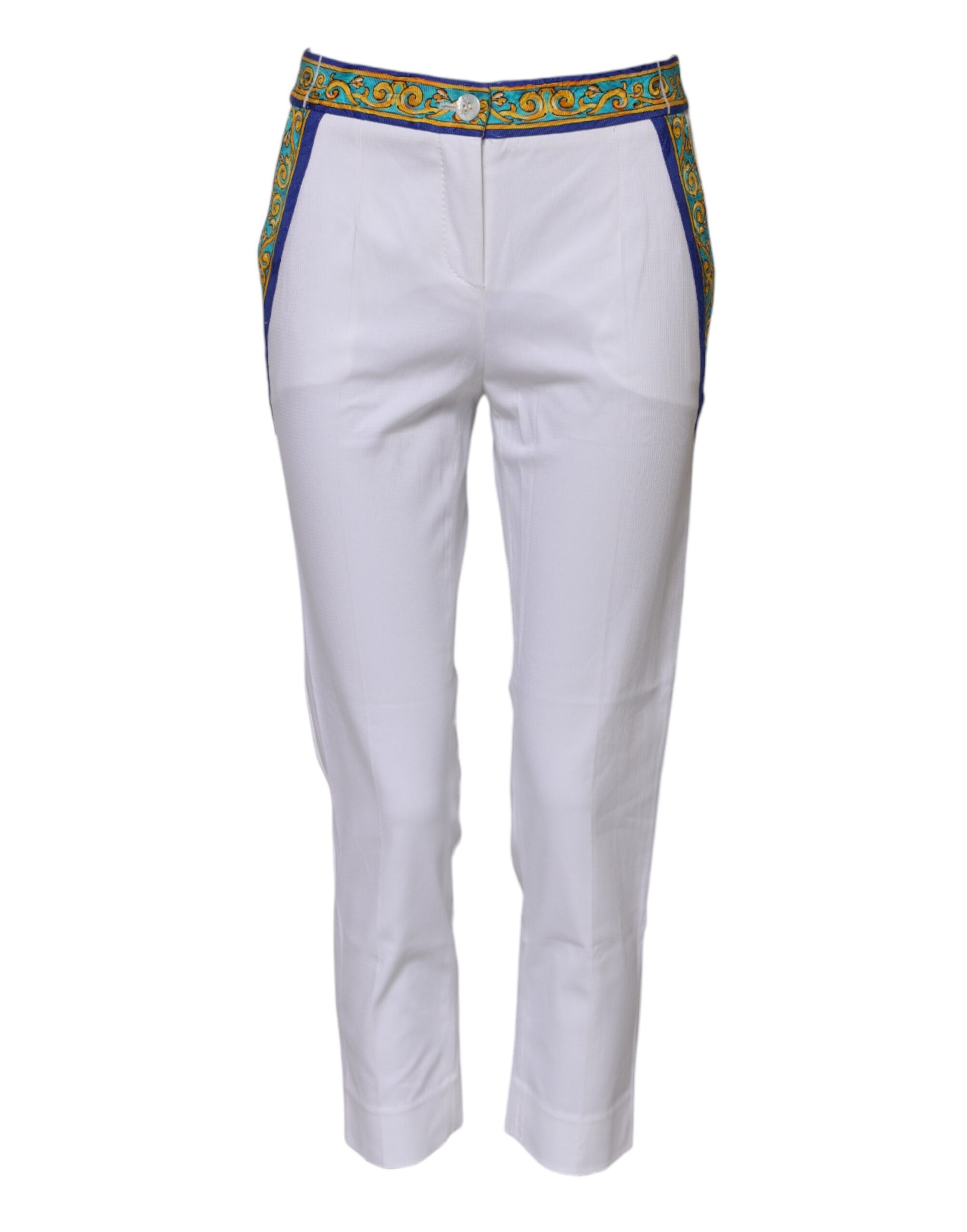 Dolce & Gabbana White Cotton Mid Waist Tapered Trouser Pants