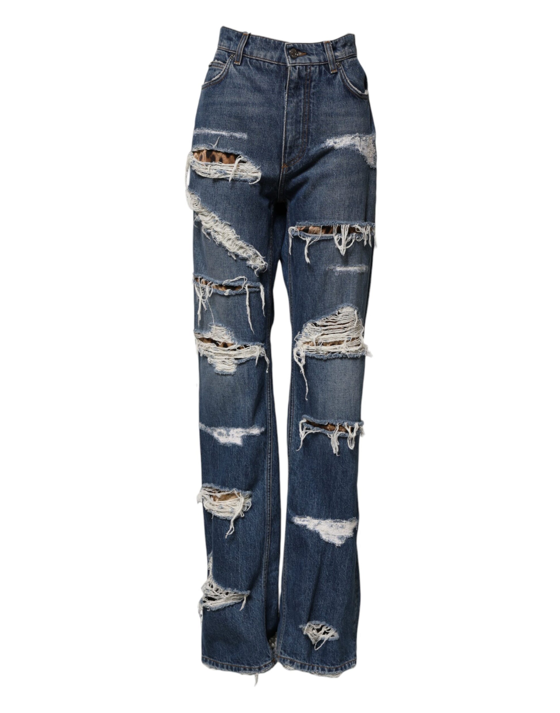 Dolce & Gabbana Blue Tattered Cotton Straight Denim Jeans