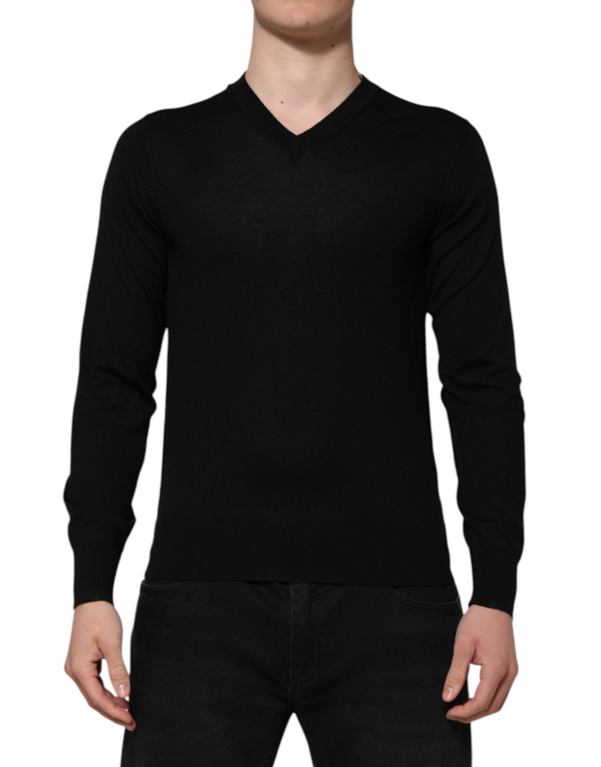 Schwarzes Kaschmir-T-Shirt mit V-Ausschnitt und langen Ärmeln