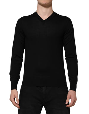 Schwarzes Kaschmir-T-Shirt mit V-Ausschnitt und langen Ärmeln