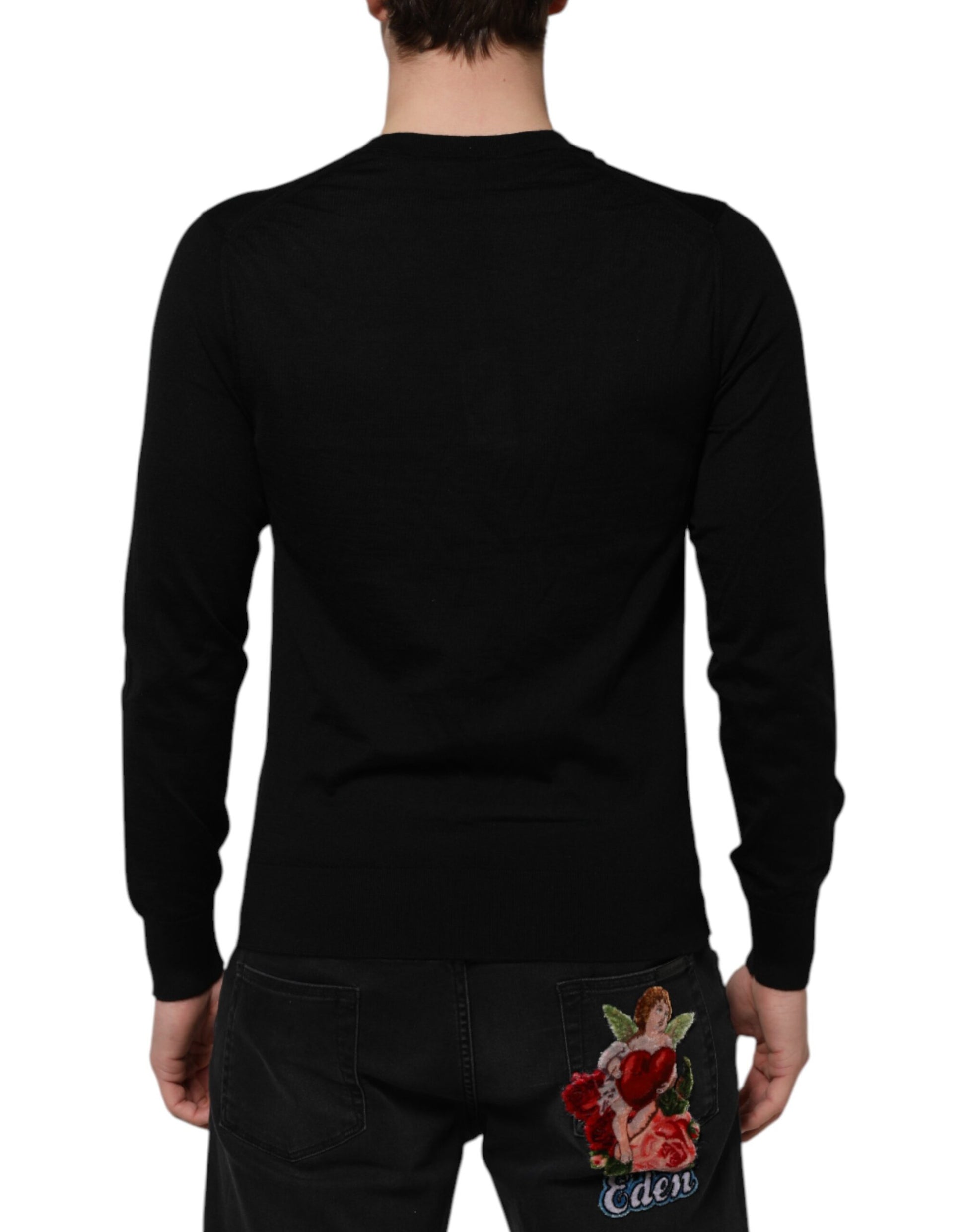 Schwarzes Kaschmir-T-Shirt mit V-Ausschnitt und langen Ärmeln