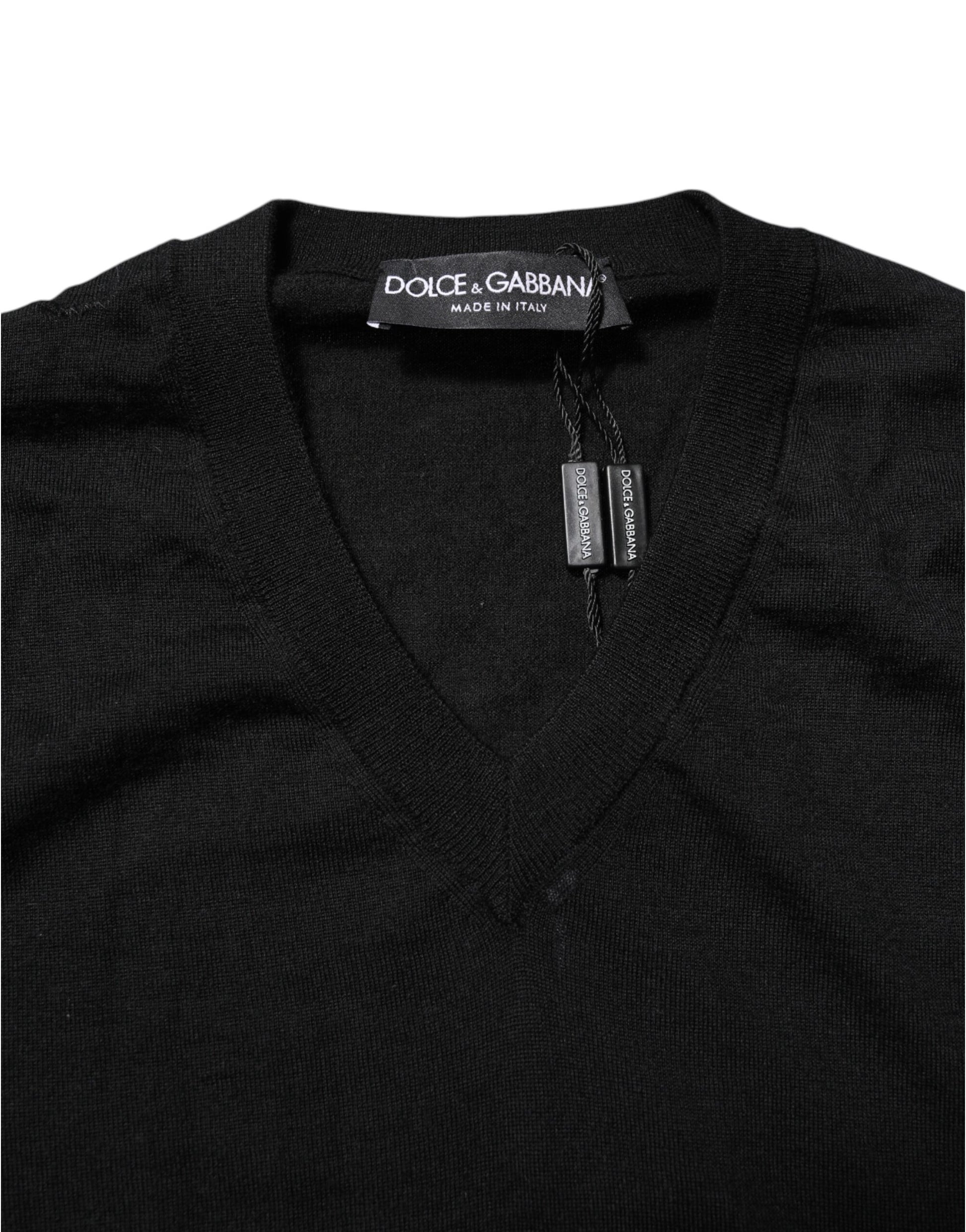 Schwarzes Kaschmir-T-Shirt mit V-Ausschnitt und langen Ärmeln
