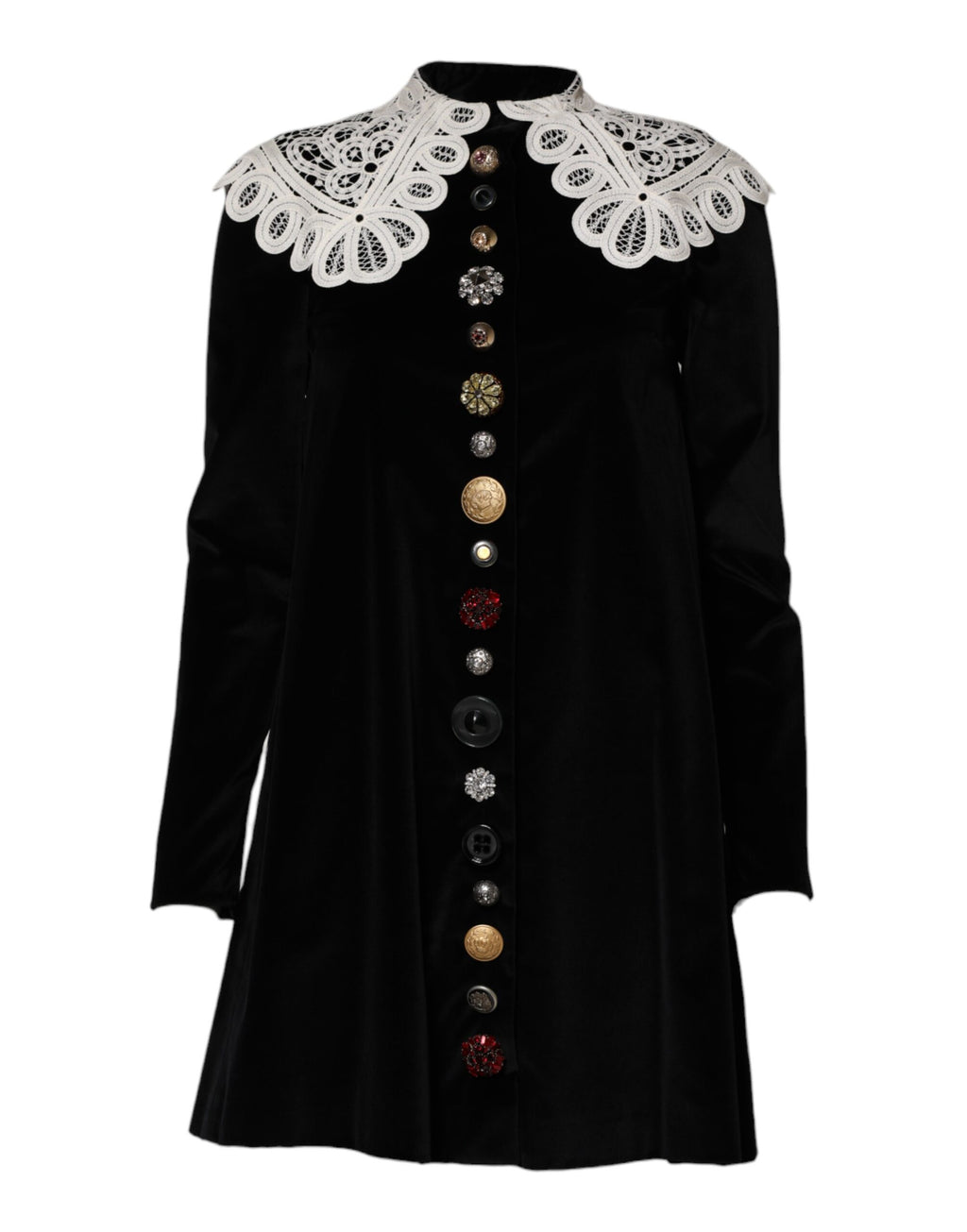 Schwarzes Samtkleid mit Spitzenkragen und Verzierung