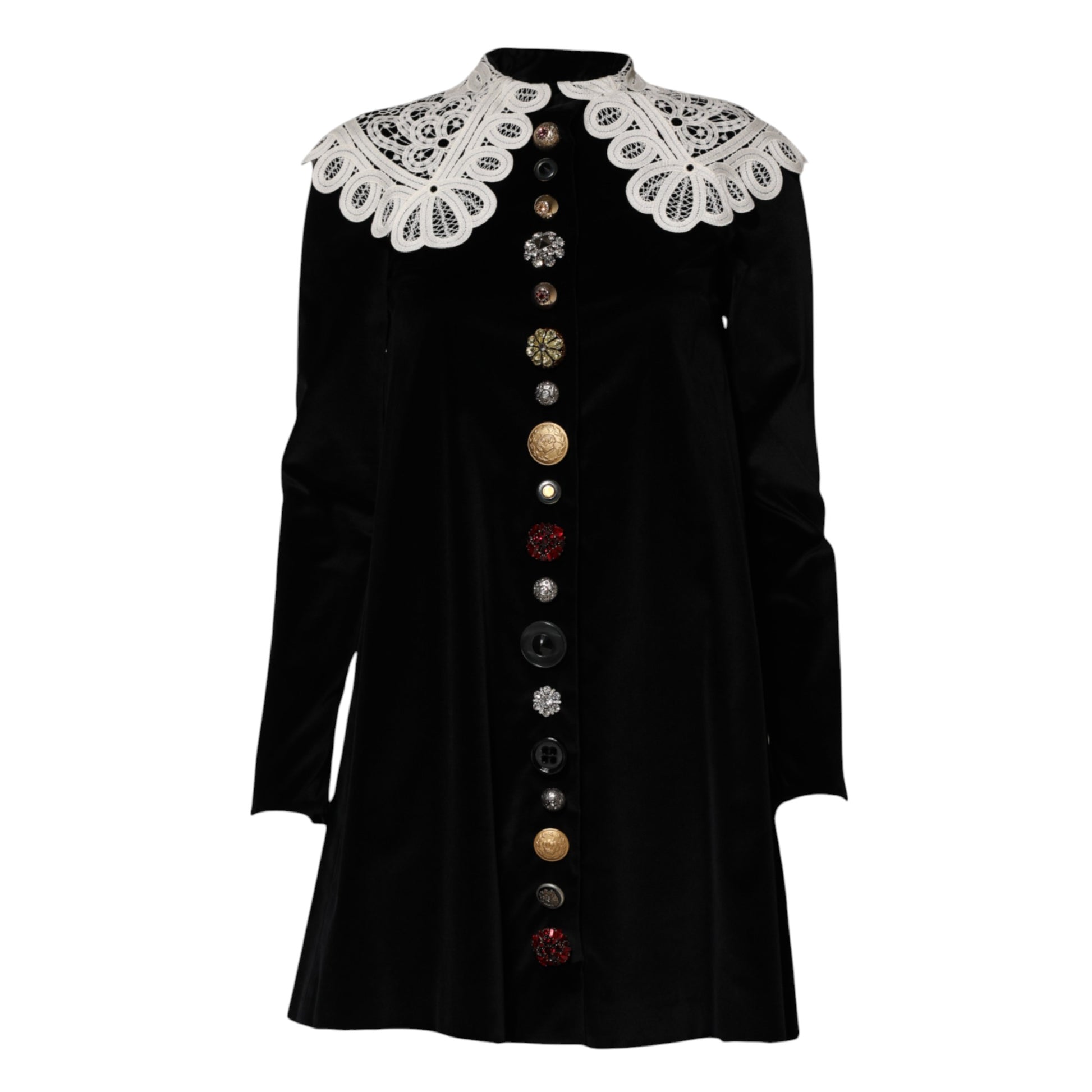 Schwarzes Samtkleid mit Spitzenkragen und Verzierung