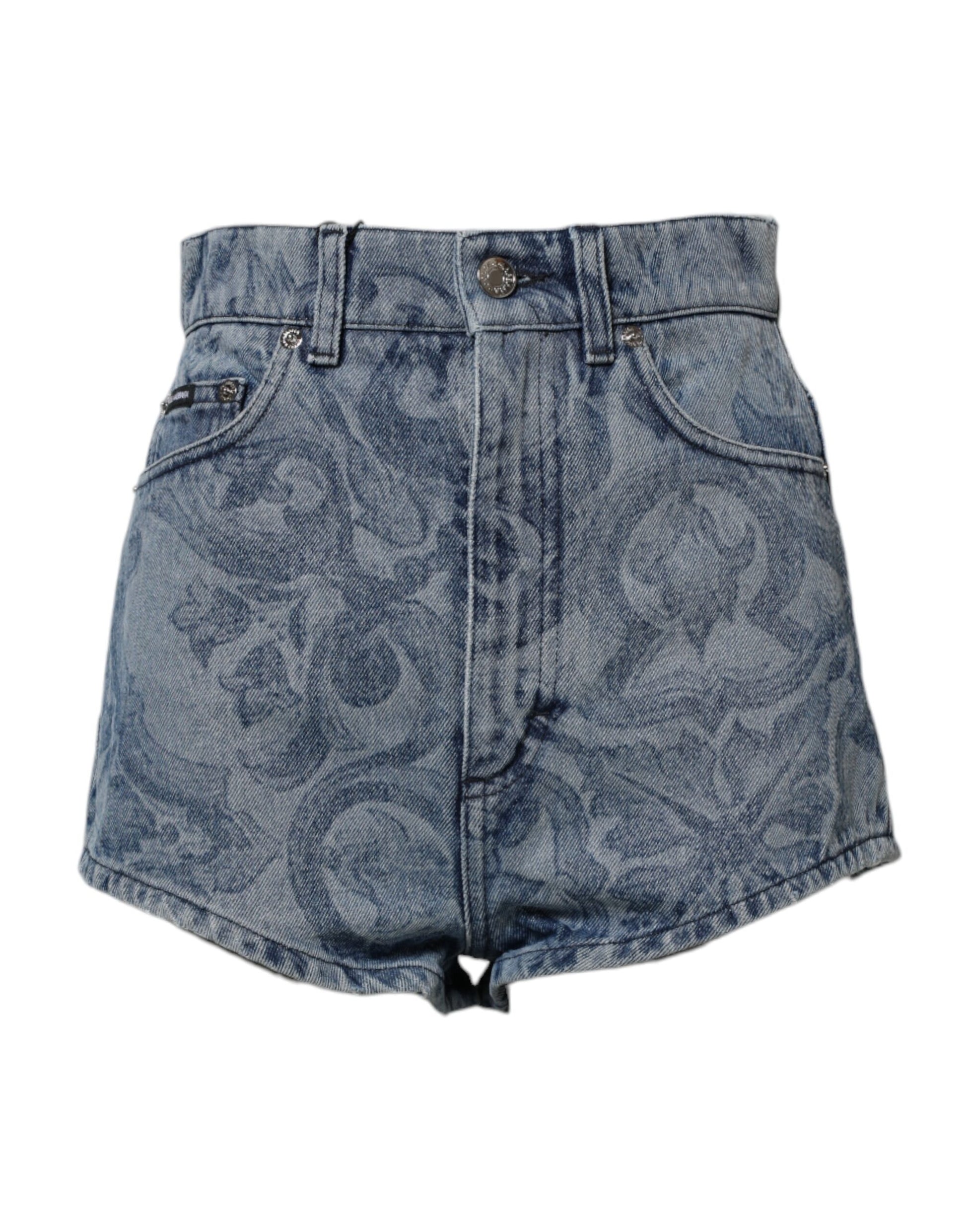 Blaue Hotpants-Shorts aus Denim-Baumwolle mit Blumenmuster