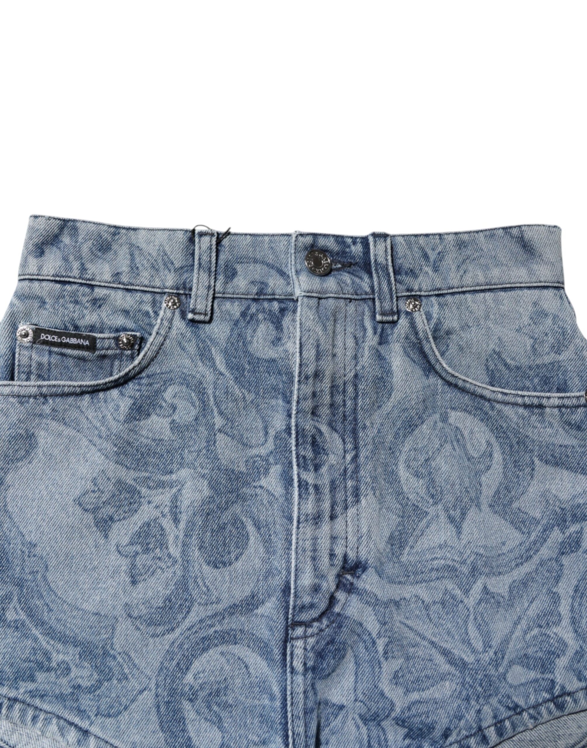 Blaue Hotpants-Shorts aus Denim-Baumwolle mit Blumenmuster
